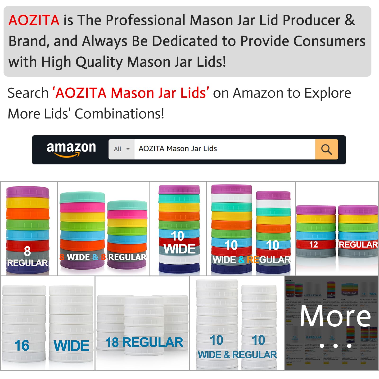 Aozita 10 Wide Mouth & 10 Regular Mouth Mason Jar Lids - 20 Pack Food Grade Plastic Mason Jar Caps For Ball, Kerr And More Canni