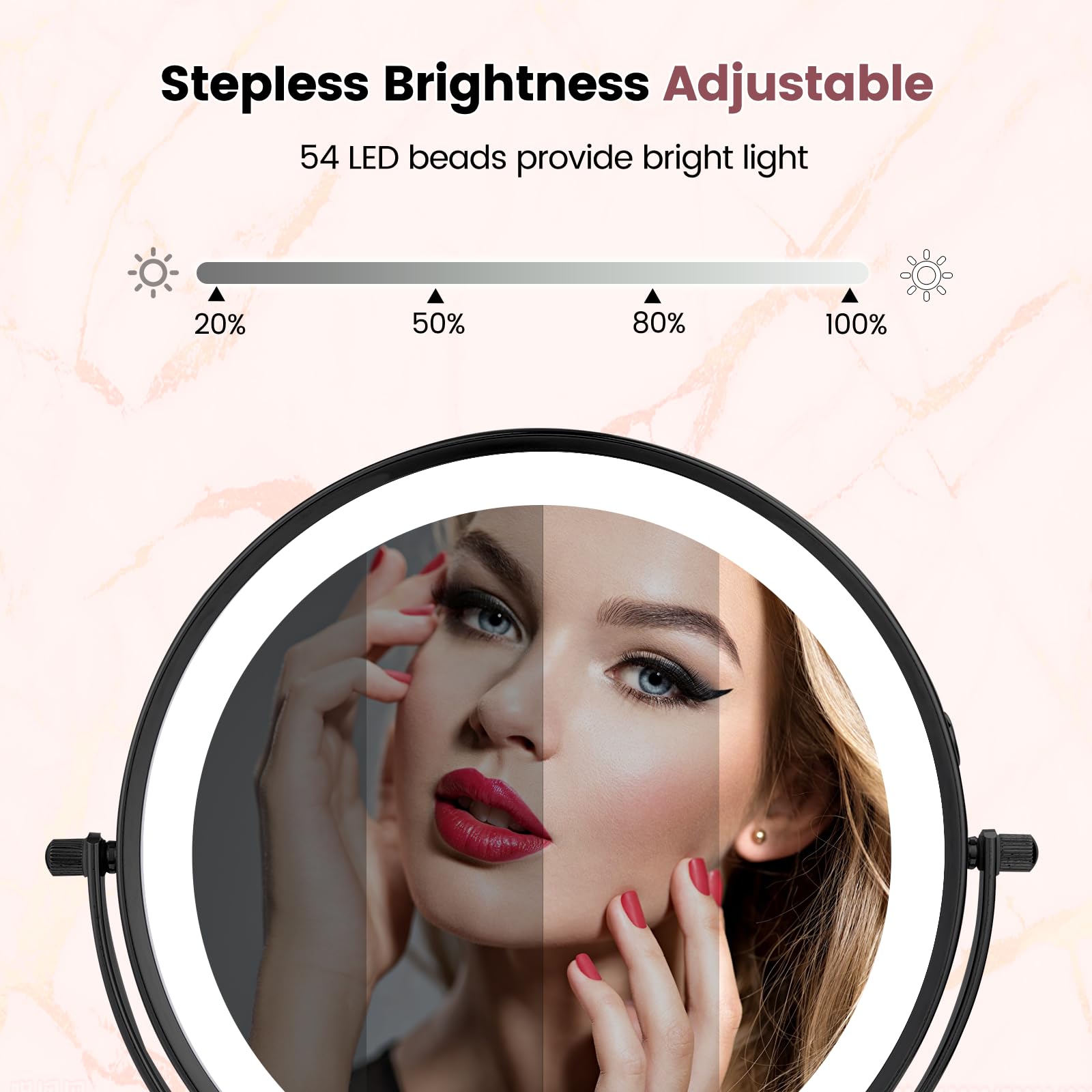 Aumvum 8'' Vanity Mirror With Lights Rechargeable, 1X/10X Magnifying Mirror With Light Double Sided Touch Screen 3 Colors 54 Led