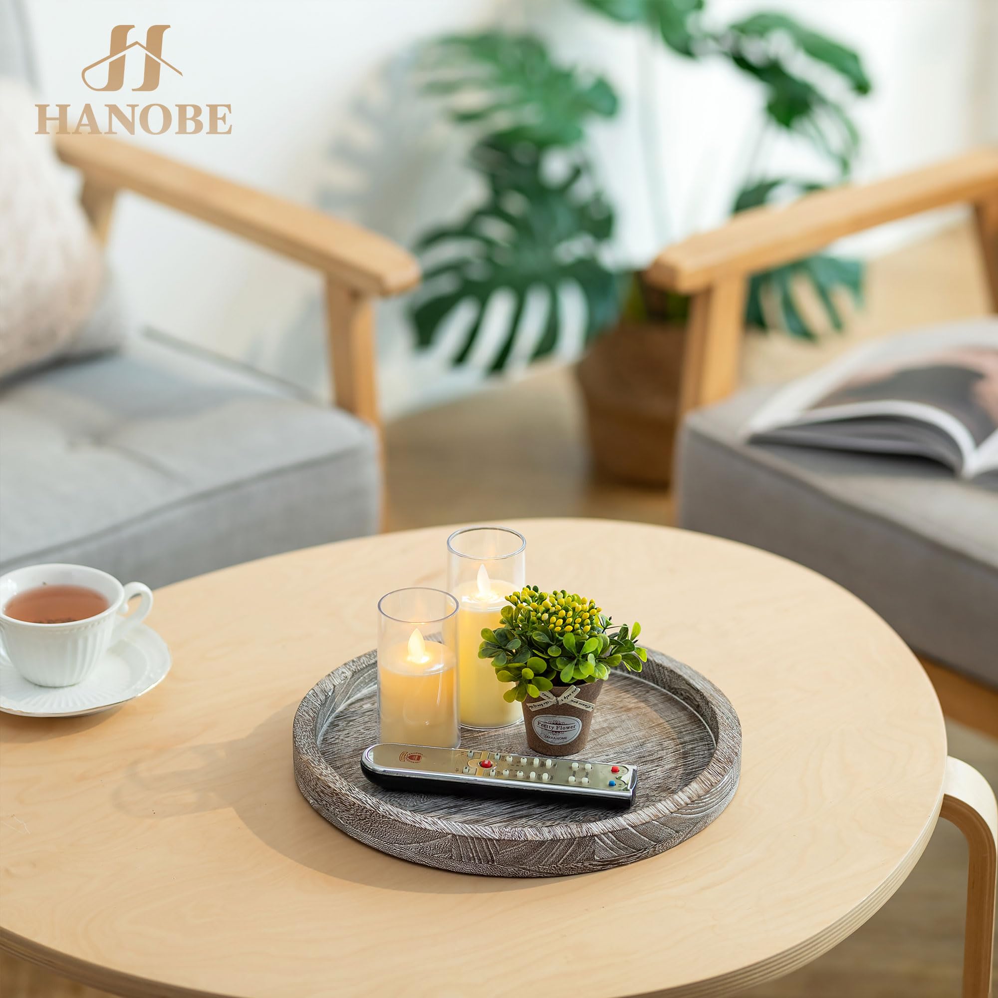 Hanobe Decorative Wooden Serving Tray: Rustic Round Wood Plate Whitewash Farmhouse Centerpiece Decorations Small Candle Holder T