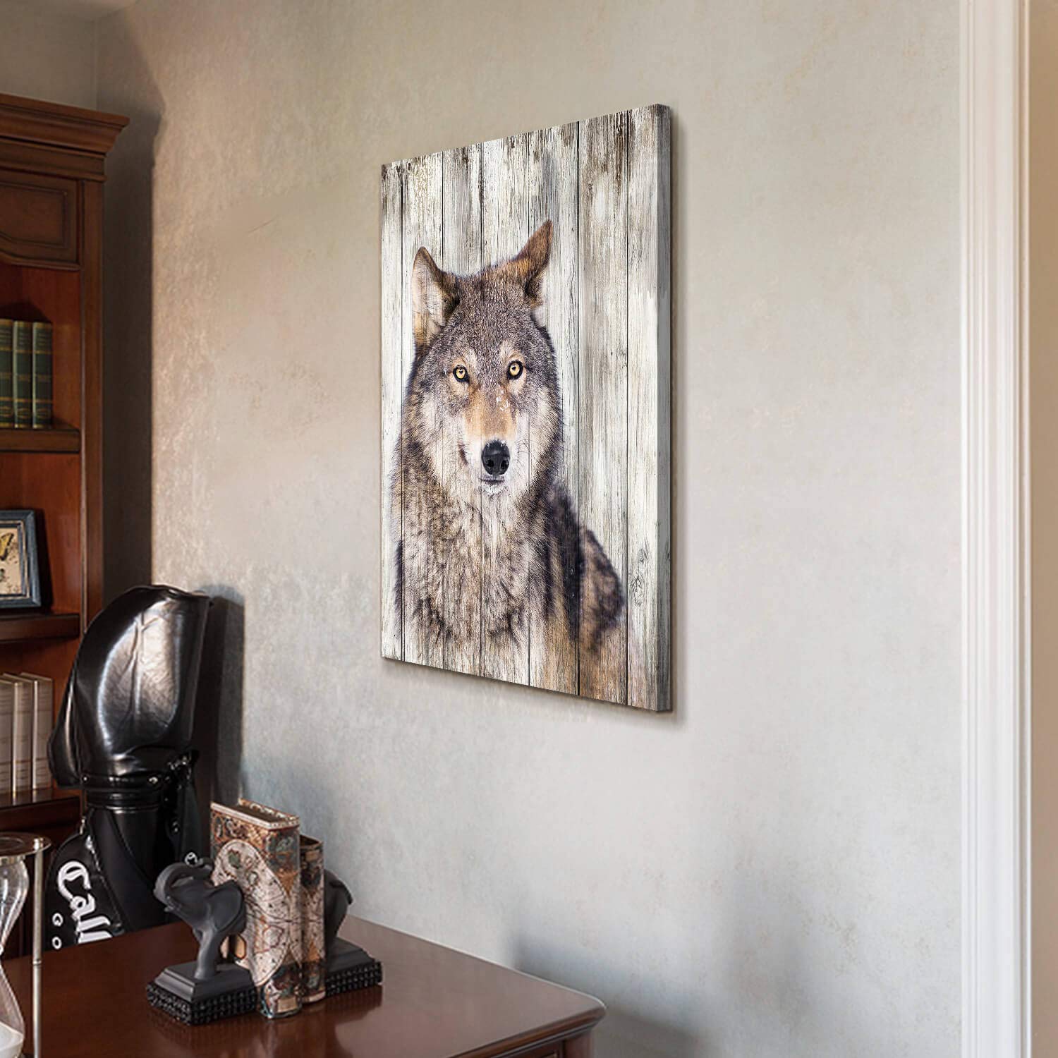 Gray Wolf Canvas Wall Art: Rustic Wooden Textured Background Wild Animal Artwork Wildlife Painting Picture Print For Living Room
