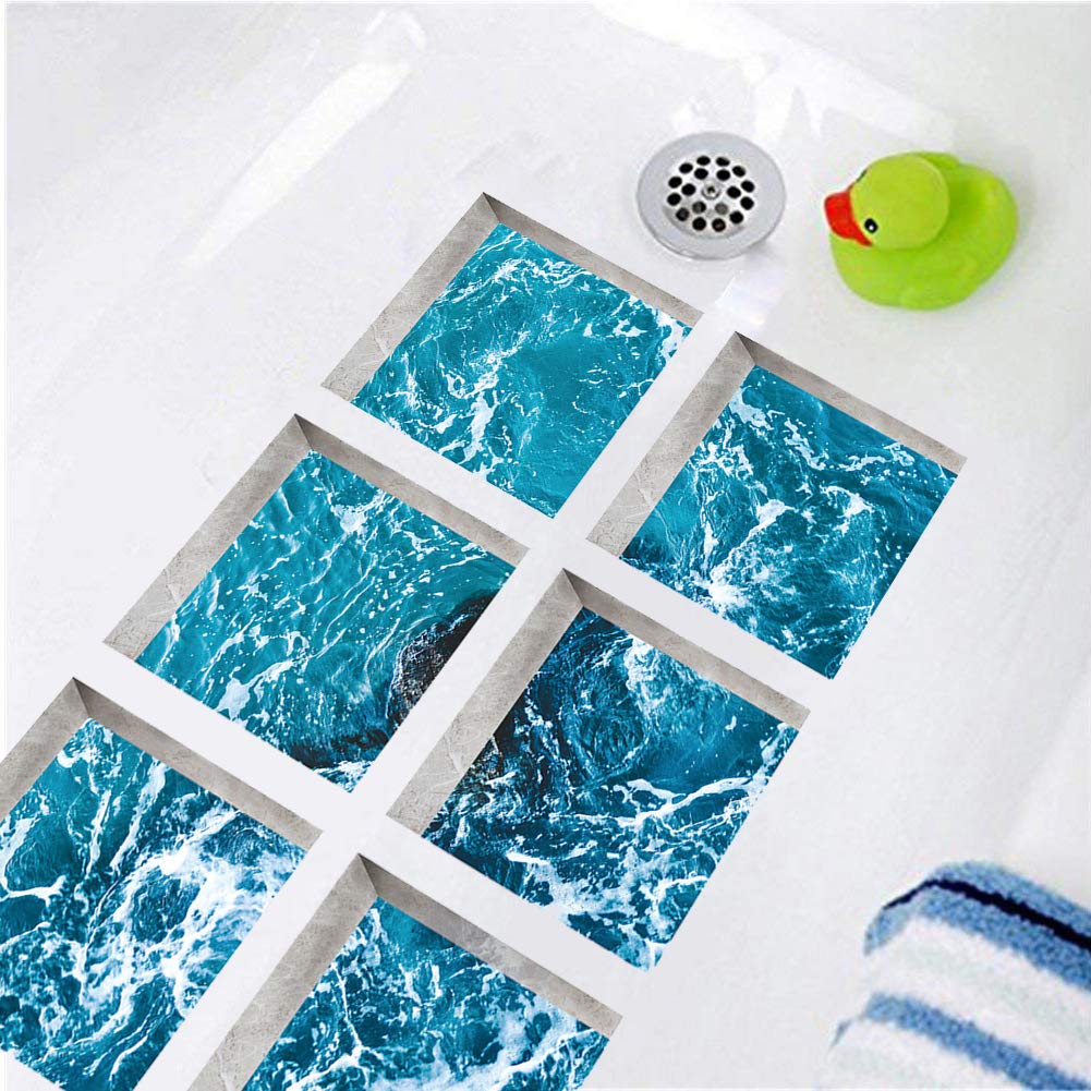 ChezMax Bath Treads Stickers Sea Bubble Pattern Square 3D Adhesive Anti Slip Tub Tattoos Safety Decals Mat Waterproof Shower Tub