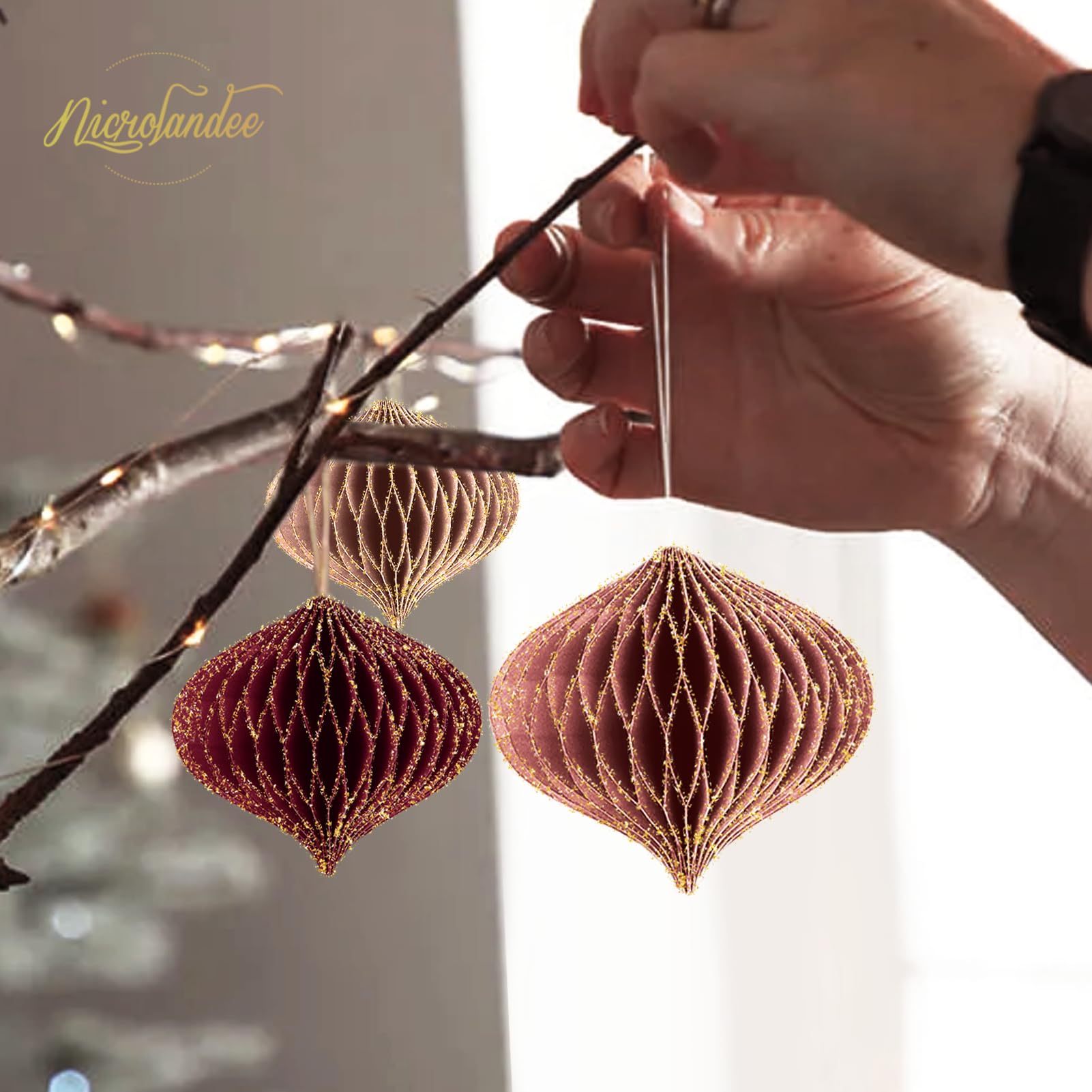 NICROLANDEE Wedding Decorations, 6 PCS Burgundy MIni Glitter Gold Edge Honeycomb Lanterns Ornaments for Christmas Tree Decoratio