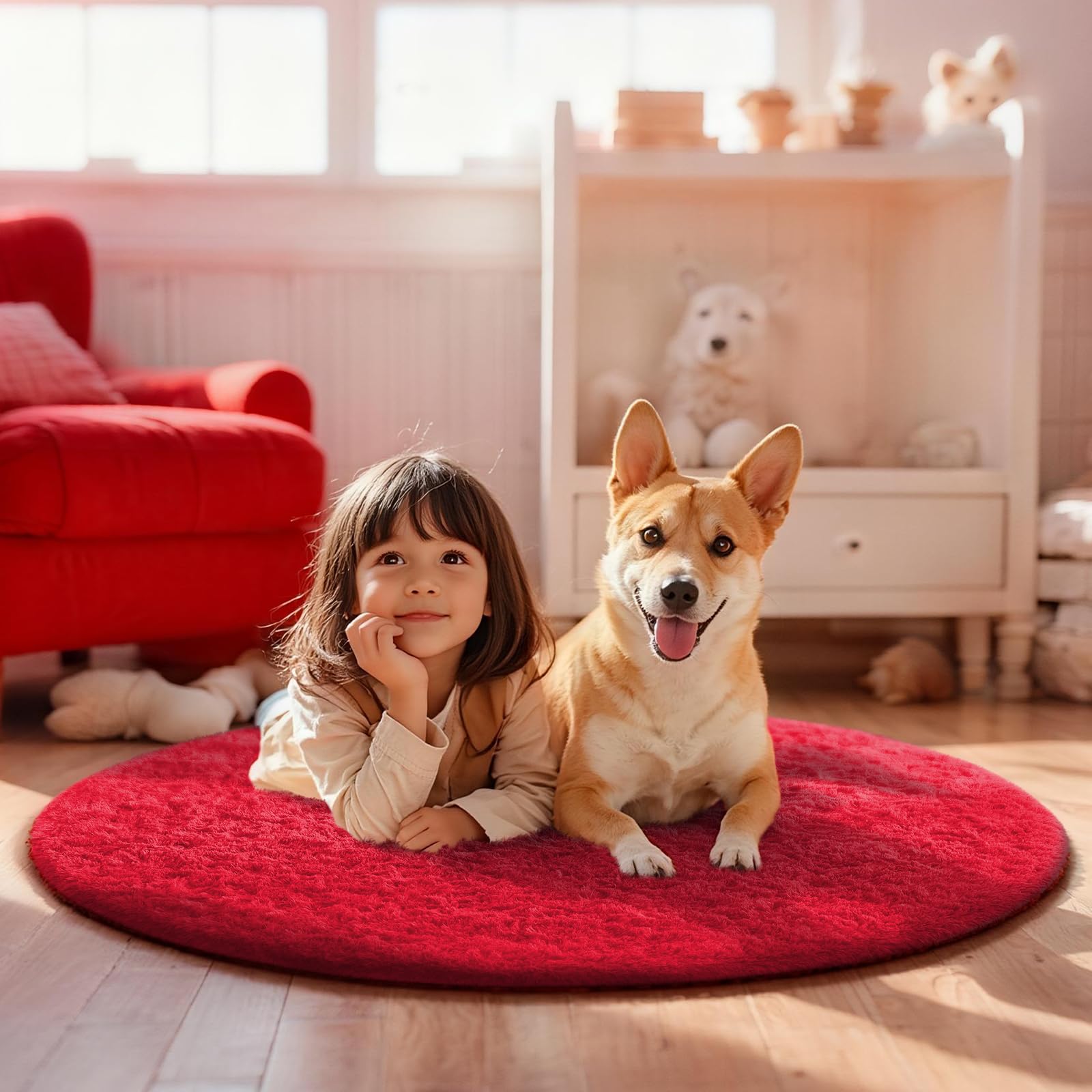 Ophanie Round Rug 4Ft Red Circle Area Rug, Christmas Room Decor, Aesthetic Nursery Bedroom Carpet, Fluffy Fuzzy Plush Soft Shagg