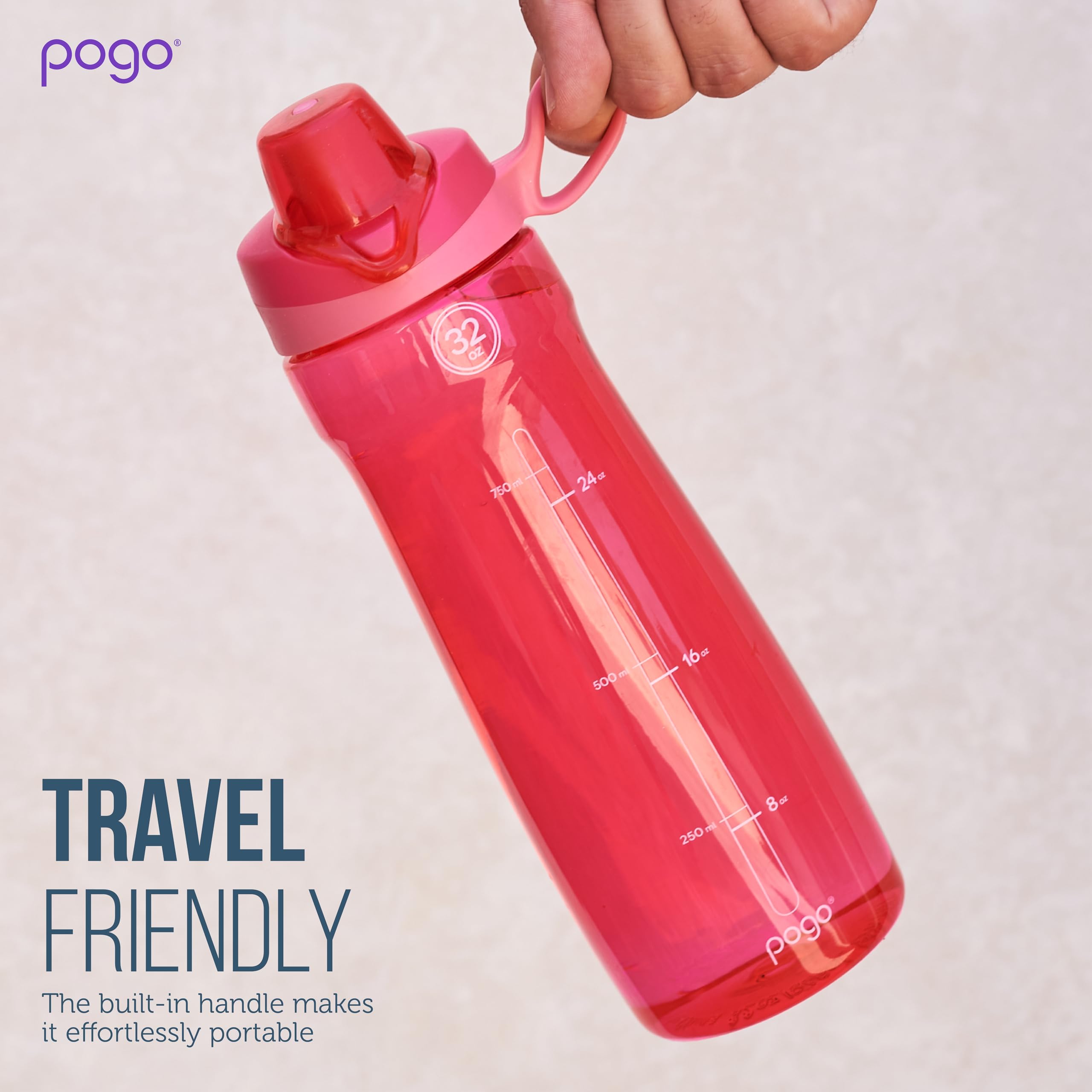 Pogo Bpa-Free Plastic Water Bottle With Chug Lid, Pink, 40 Oz.