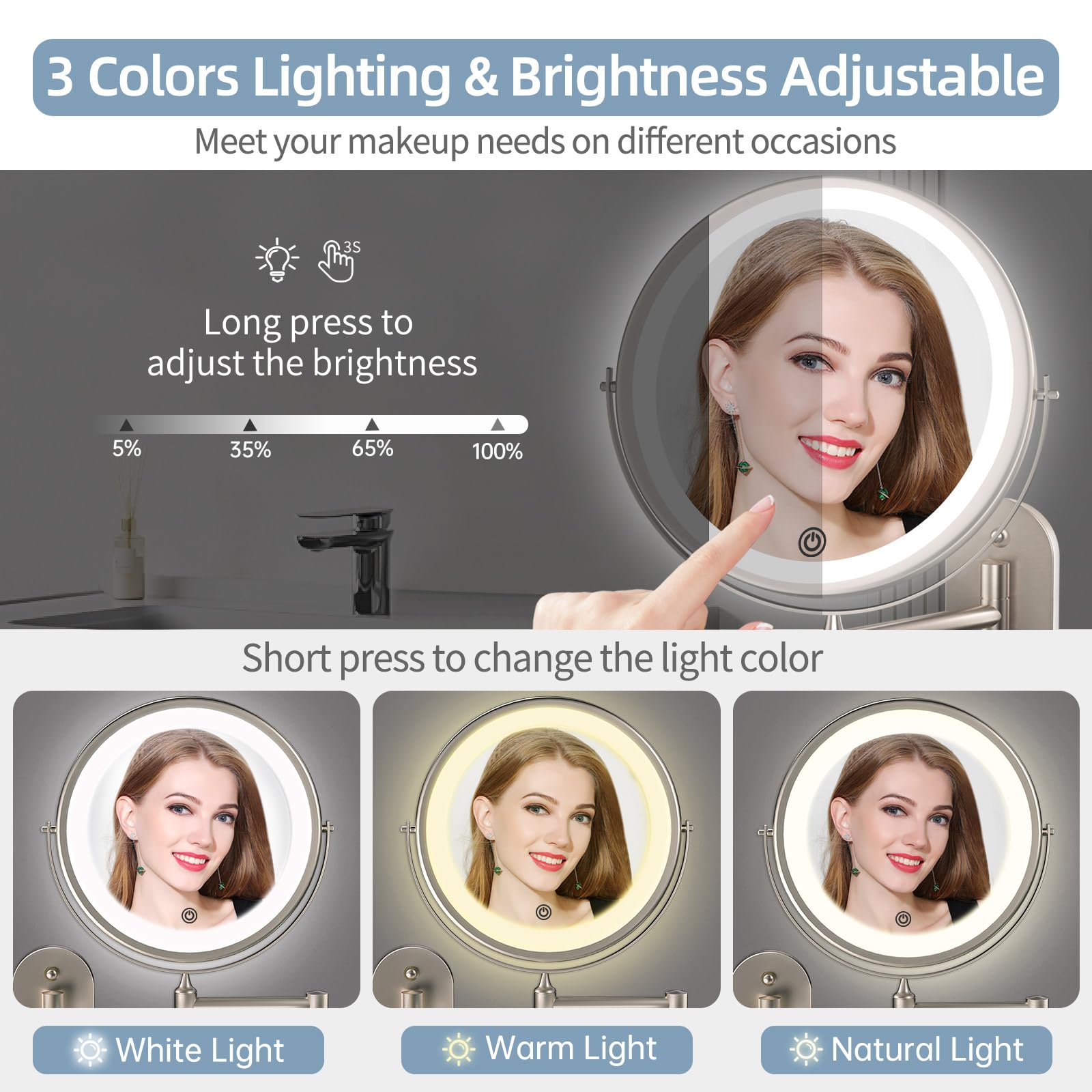 Rechargeable Wall Mounted Lighted Makeup Vanity Mirror 8 Inch 1X/10X Magnifying Mirror With 3 Color Lights, Double Sided Bathroo