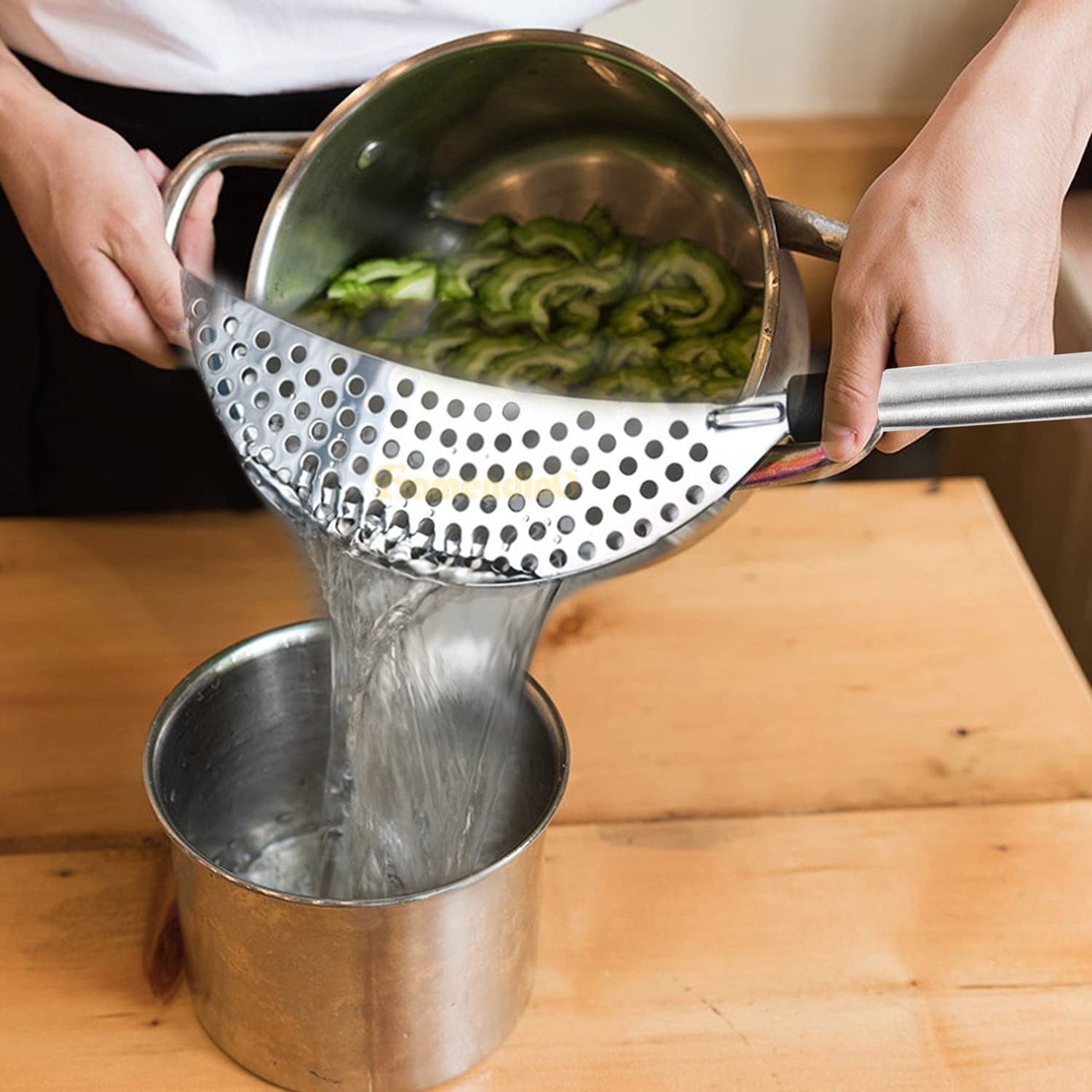 Framendino, Stainless Steel Crescent Pot Strainer Handle Strainer Pan Pot Strainer Colander For Noodles Vegetables Spaghetti