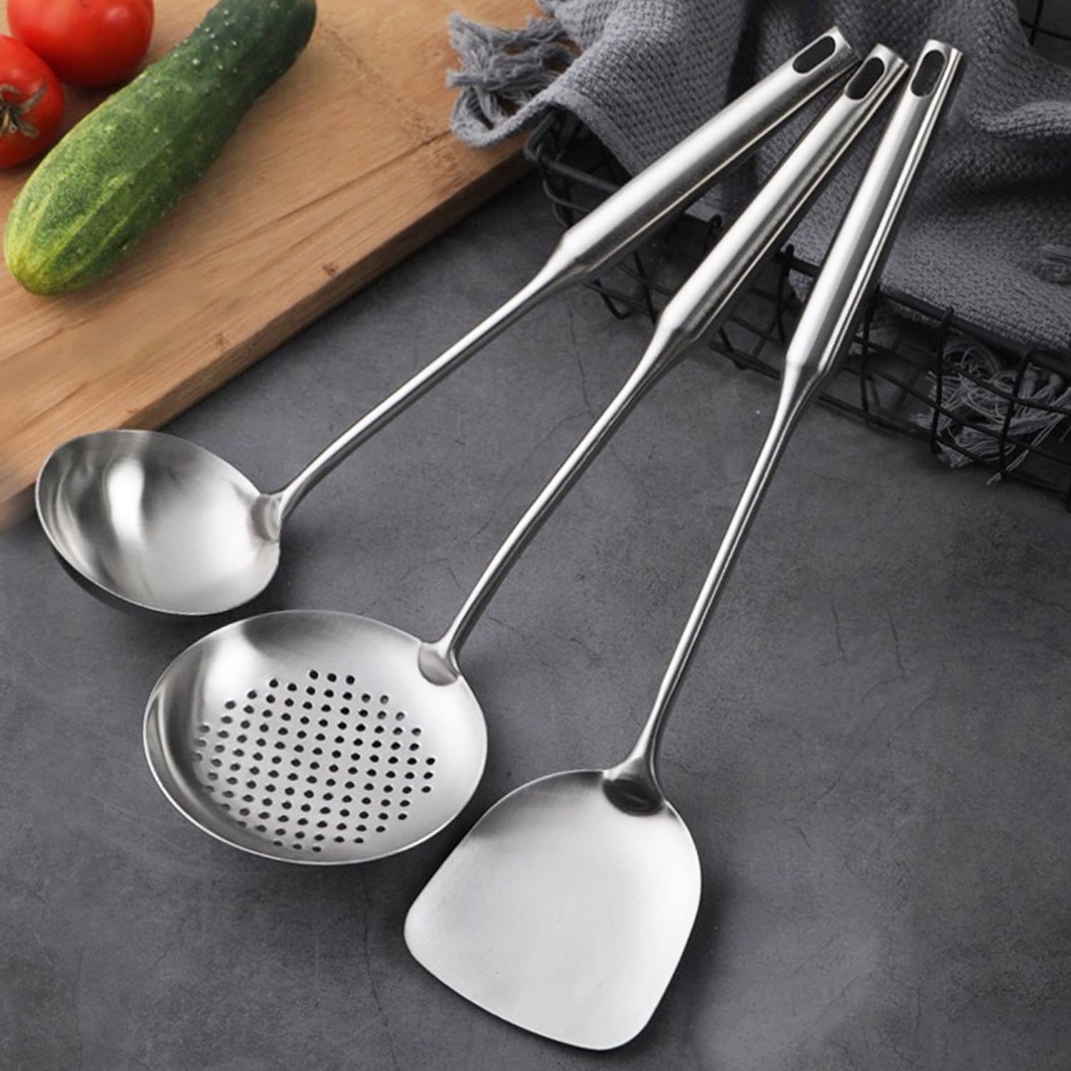 Niitawh Stainless Steel Wok Spatula, Wok Utensils For Carbon Steel, Wok Tools Professional Set, 3-Pieces 304 Stainless Steel Coo
