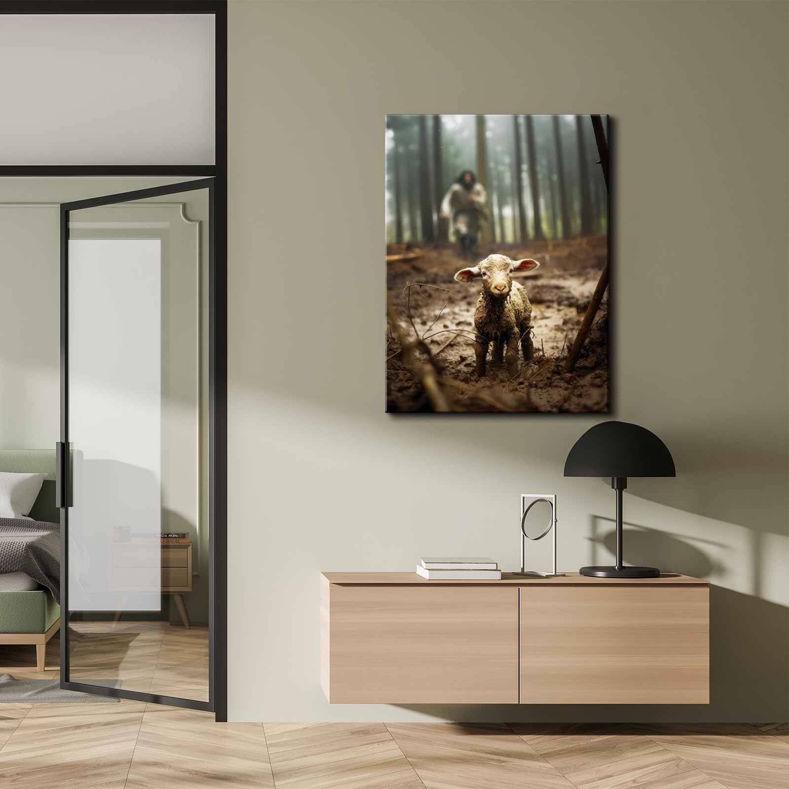 Yonica Christian Wall Art Jesus Chasing Lost Lamb Canvas Print Inspirational Wall Decor 18X24 Inch Home Decor