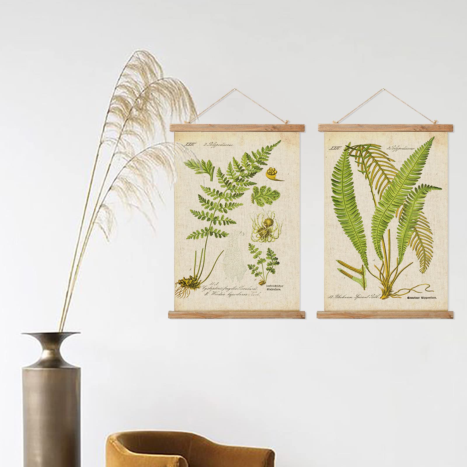 2 Pack Vintage Ferns Poster Hanger Frame, Retro Style Wall Art Prints, Printed On Linen With Natural Wooden Frames, For Living R