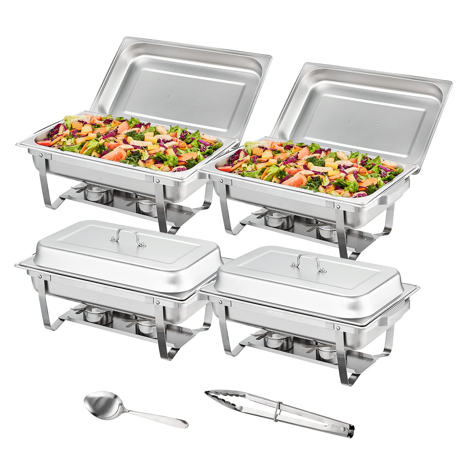 Vevor Chafing Dish Buffet Set, 8 Qt 4 Pack, Stainless Chafer W/ 4 Full Size Pans, Rectangle Catering Warmer Server W/Lid Water P