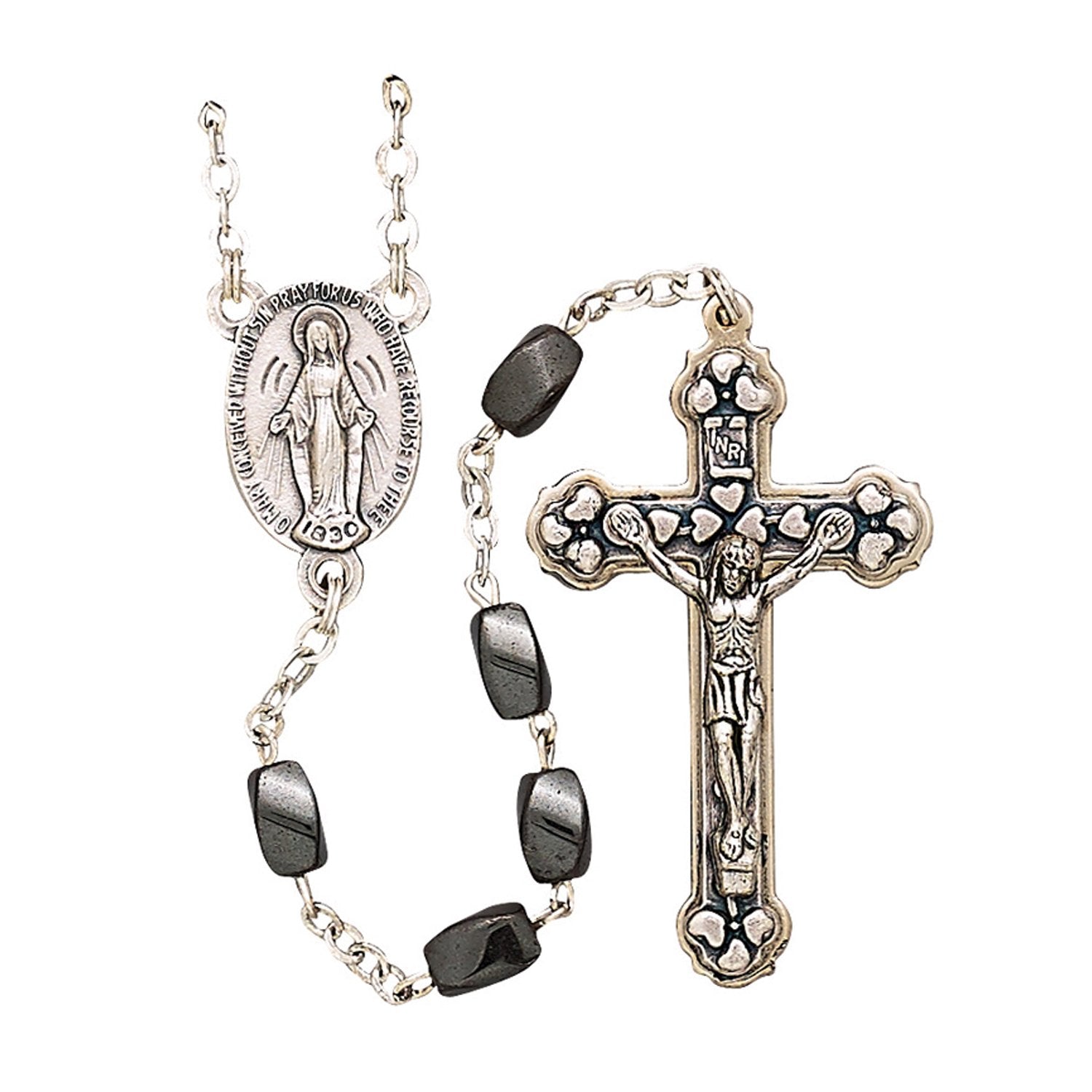 True Faith Jewelry Black Hematite Rosary Prayer Beads Necklace Our Lady Of Grace Miraculous Medal with Jesus Crucifix Cross, 28-