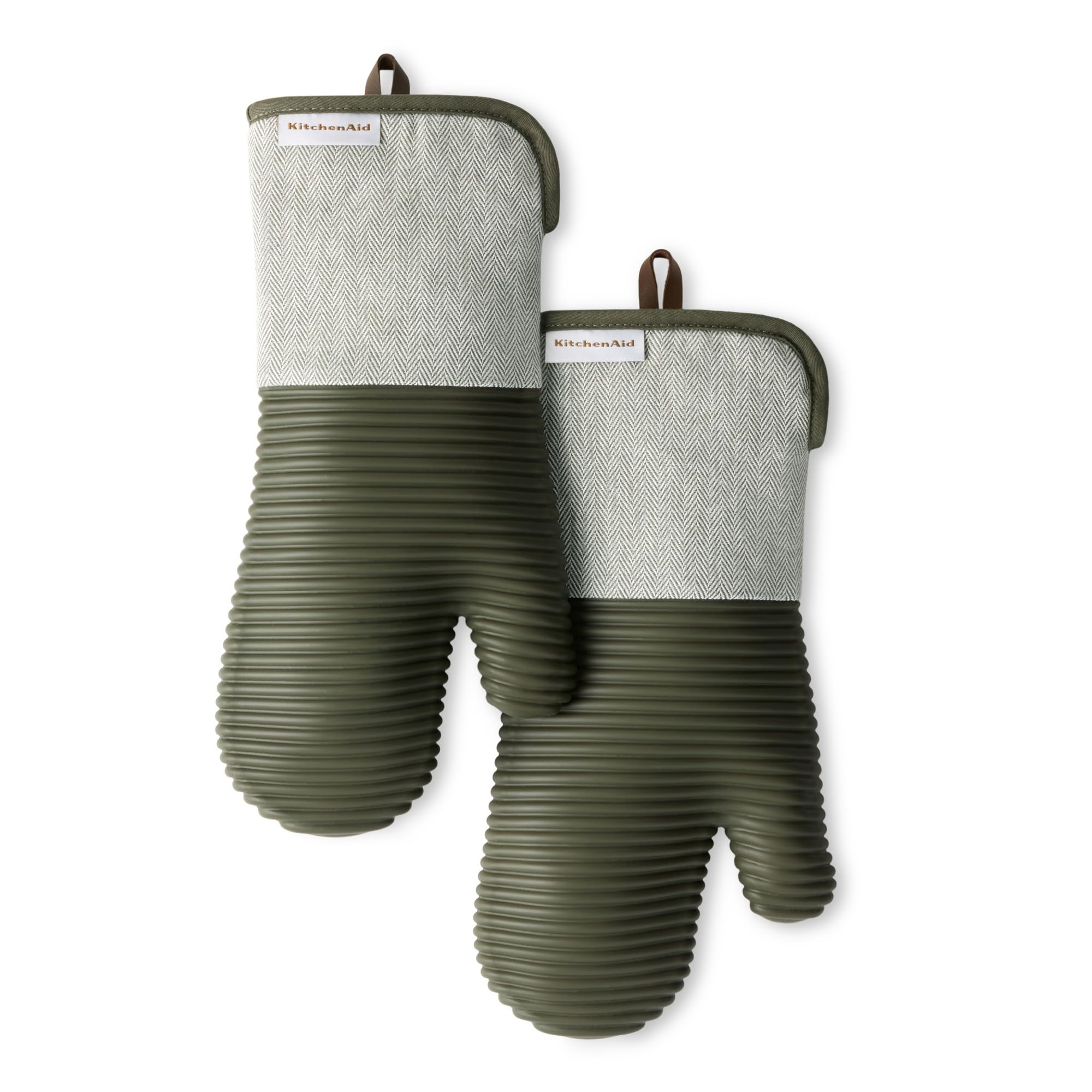 KITCHENAID Evergreen Design Series Herringbone Ribbed Soft Silicone Oven Mitts 2-Pack Set, Heat Resistant up to 500F, Flexible &