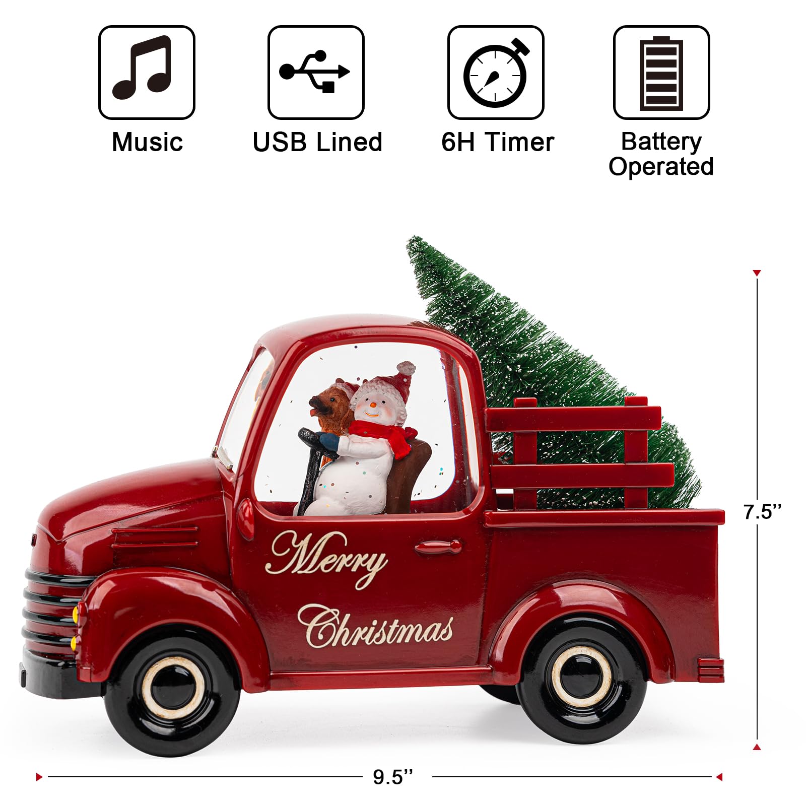 Qualdout Christmas Snow Water Lantern Glittering Snowman and Pup in Red Truck with Christmas Tree, USB Lined/Battery Operated Li