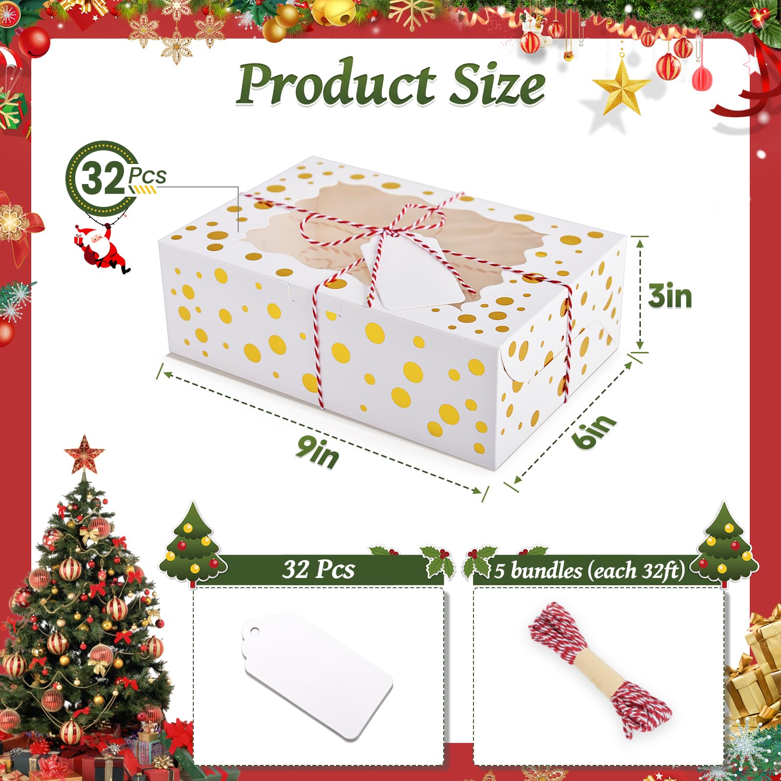 DOYIDE 32Pcs 9x6x3 in Christmas Cookie Boxes with Window, White Bakery Boxes for Cookie, Treat Boxes Pastry Boxes for Gift Givin