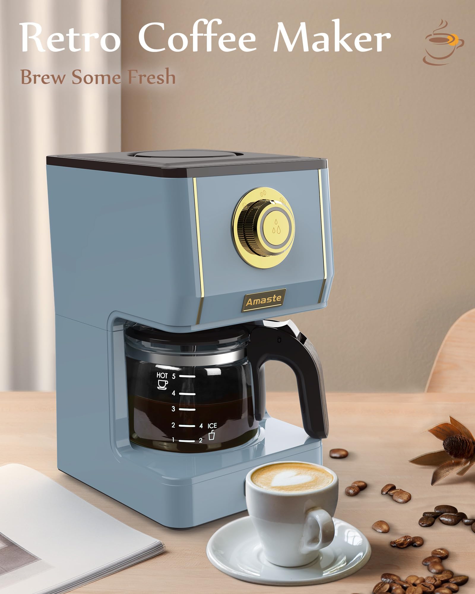 Amaste Coffee Maker, 5 Cup Coffee Pot With Three Brewing Modes, Retro Coffee Maker With Glass Carafe & Reusable Coffee Filter, D