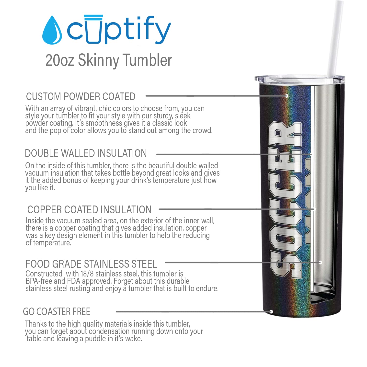 Cuptify Soccer Mom Laser Engraved Skinny Tumbler With Lid And Straw Black Glitter 20 Oz Insulated Stainless Steel Soccer Gift