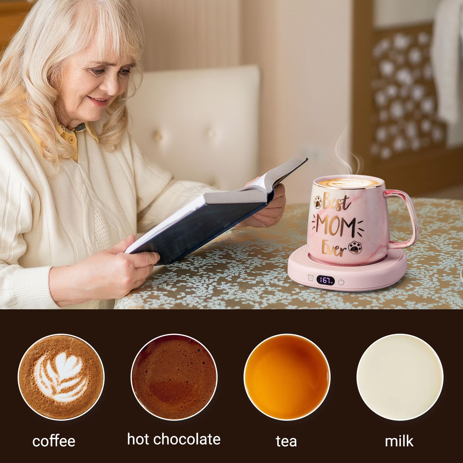 Coffee Mug Warmer & Best MOM Ever Mug Set, Electric Cup Warmer for Desk, Beverage Warmer with 4 Temperature Setting, 8H Auto Shu