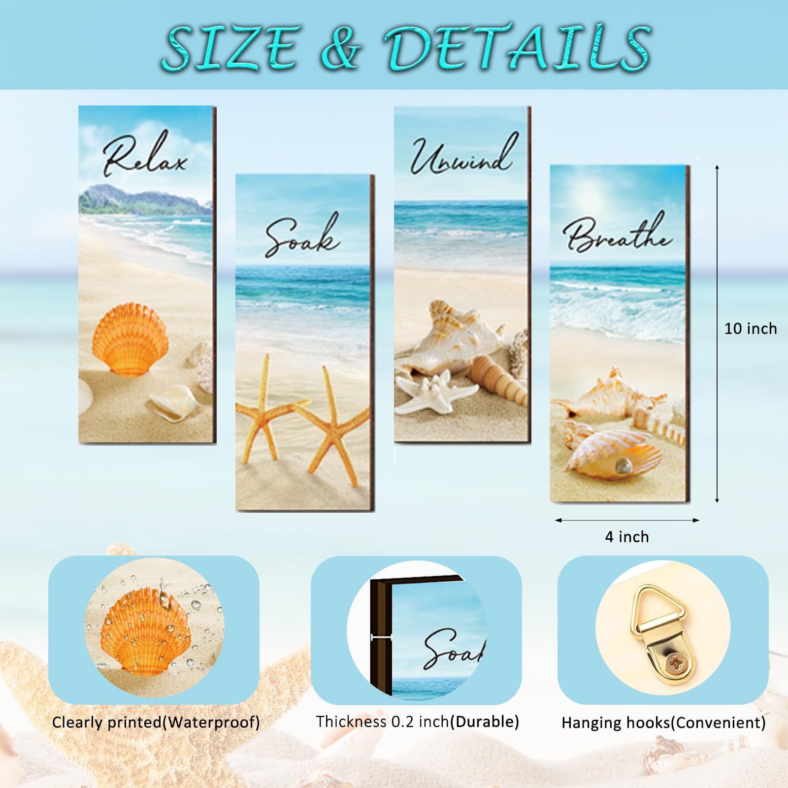 4 Pieces Beach Bathroom Decor Ocean Beach Wall Decors Relax Soak Unwind Breathe Blue Wall Art Hanging Sign Seashell Starfish Woo