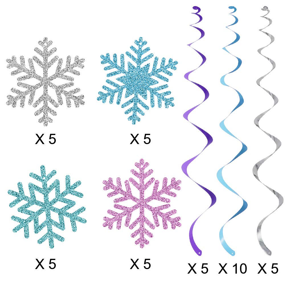 20Pcs Winter Snowflake Hanging Swirls Decorations, Winter Hanging Ceiling Streamers Purple Blue White Frozen Snowflakes Garland