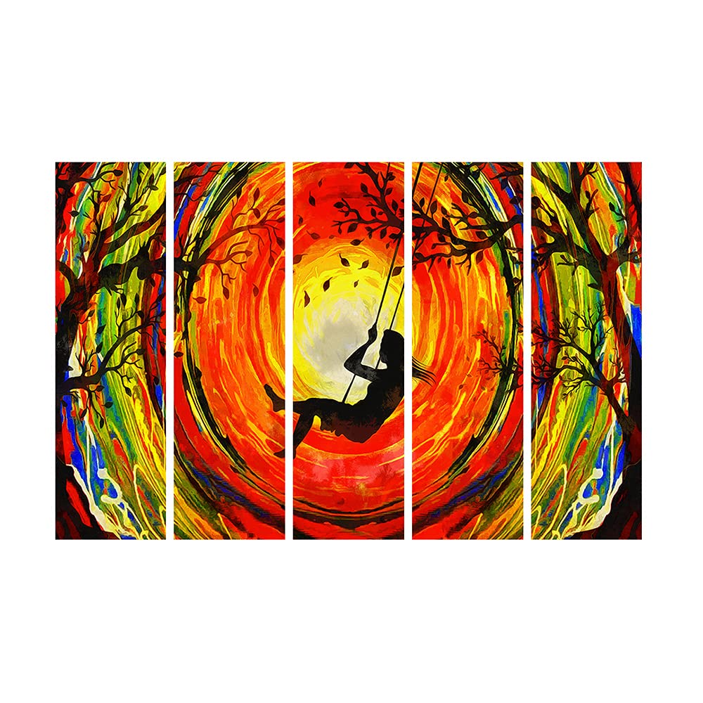 999Store 5 Panel Wall Painting Wall Frames Wall Hanging Girls Swinging On The Swing Art Panels Modern Art (Mdf_Size_76X130 Cms_C