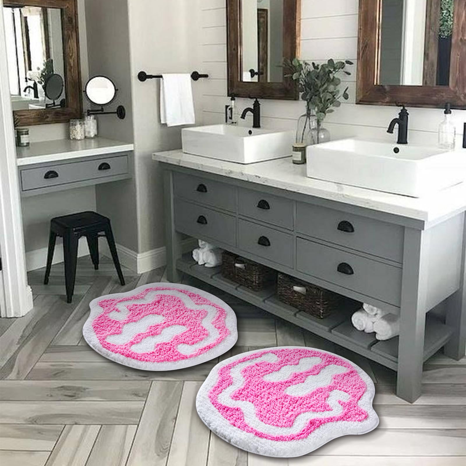 Estmy Cute Pink 3Ft Round Rug For Bathroom Bedroom Dorm Kitchen Non Slip Washable, Happy Face Boho Trippy Aesthetic Funky Hippie