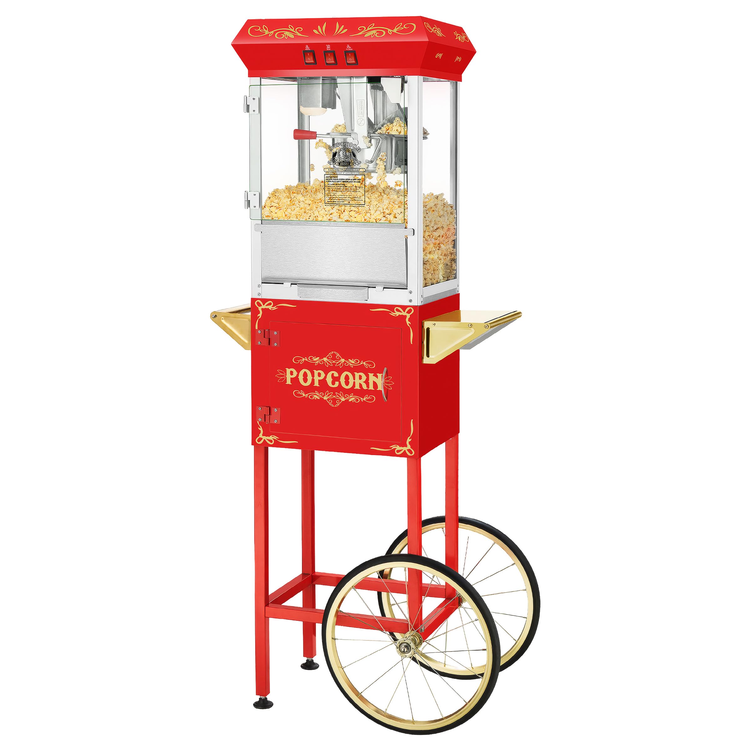 Movie Night Popcorn Machine - 3-Gallon Antique Popper with Cart, 8oz Kettle, Old Maids Drawer, Warming Tray, and Scoop by Great 