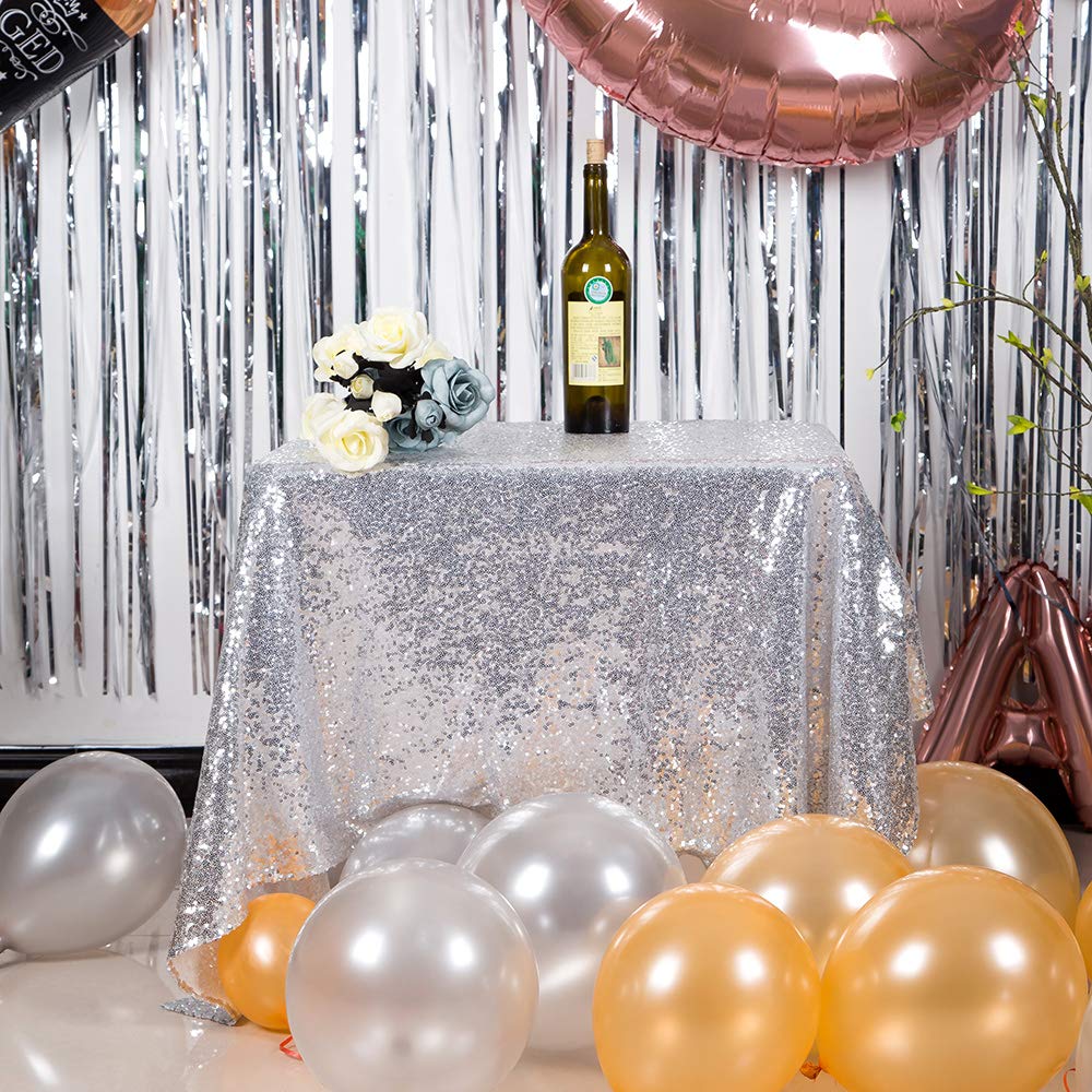 Jyflzq Silver Sequin Tablecloth 50 X 50 Square Sparkly Drape Table Cloths Table Cover Overlay For Wedding Birthday Party Baby Br