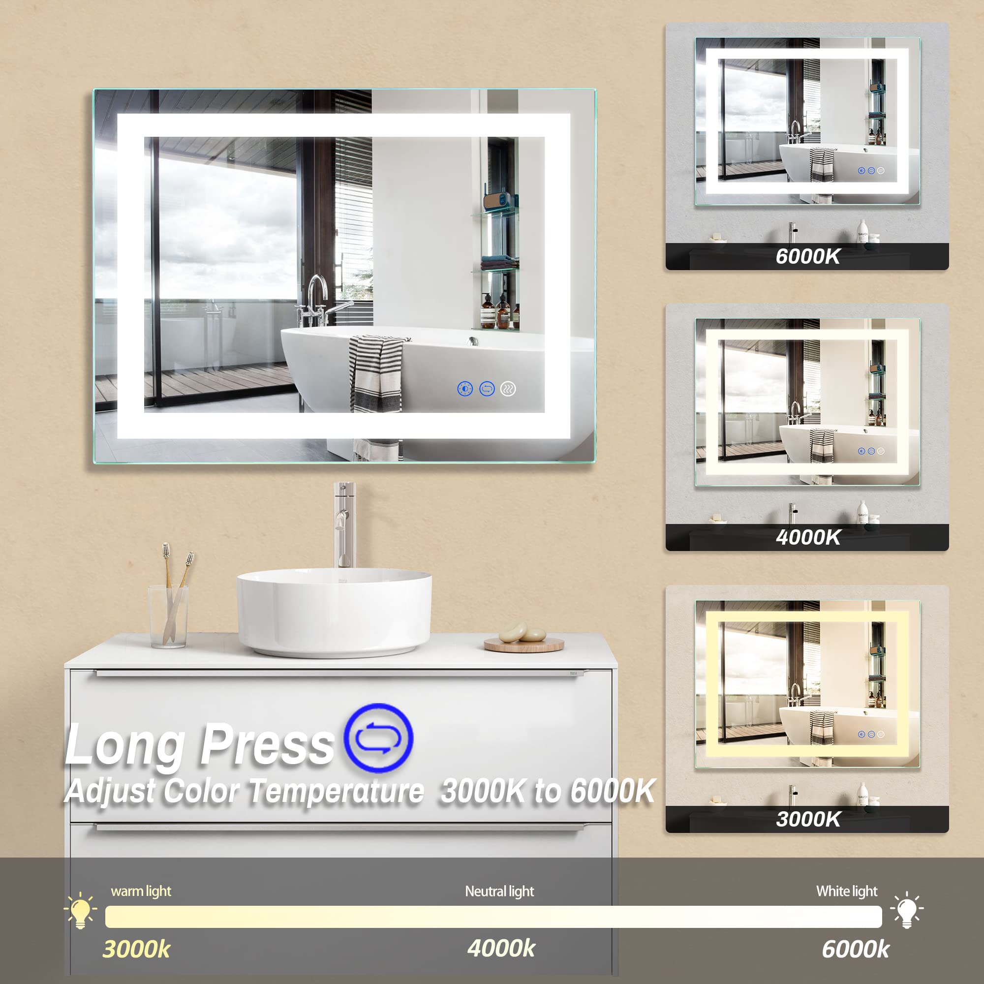 Fitland 36''X 28'' Led Bathroom Mirror With Light, Anti-Fog, Dimmable, Color Temperature Adjustable 3000-6000K, Memory Function