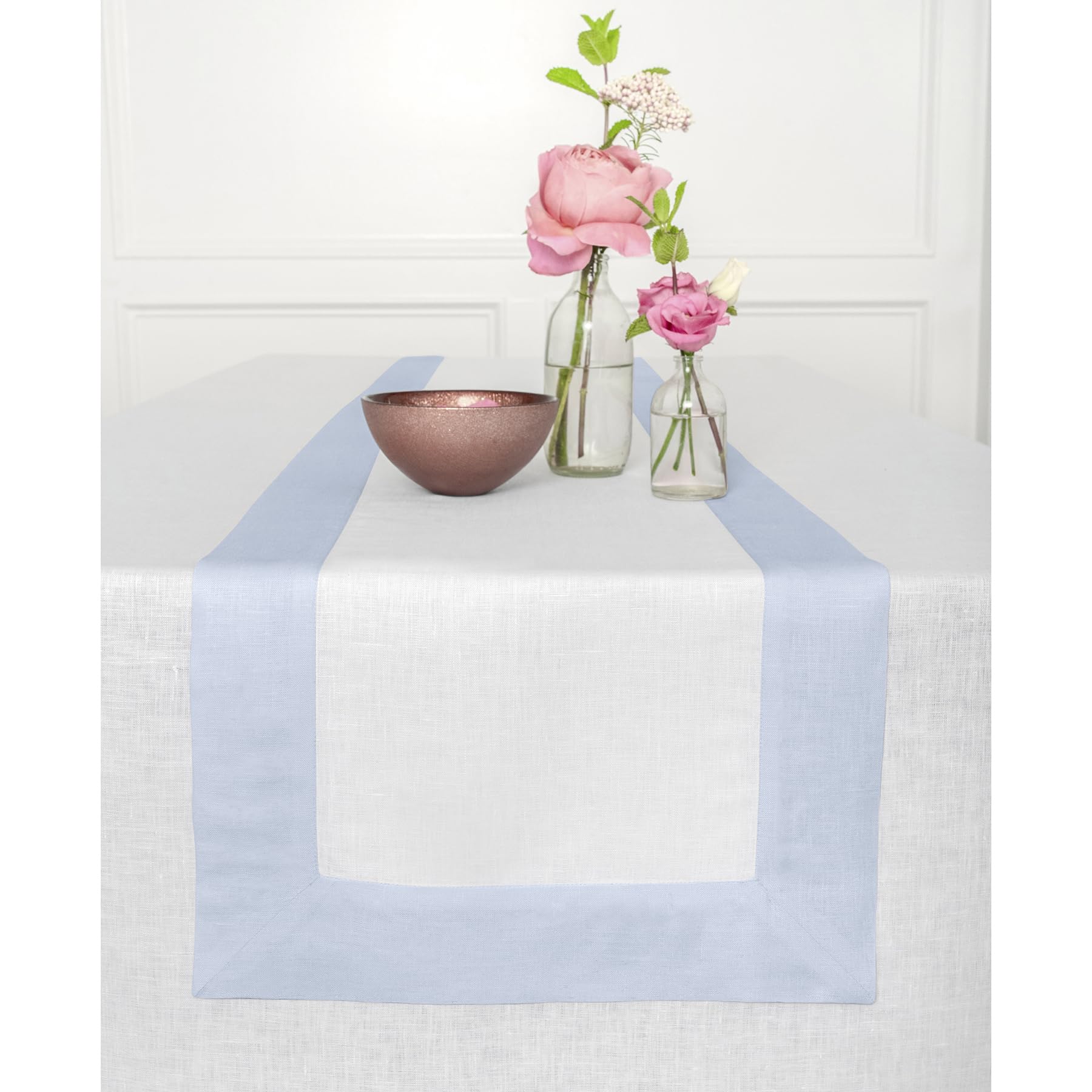 Solino Home Linen Table Runner 36 Inch - Contempo, 100% Pure Linen Light Blue And White Short Table Runner 14 X 36 Inch Ideal Fo