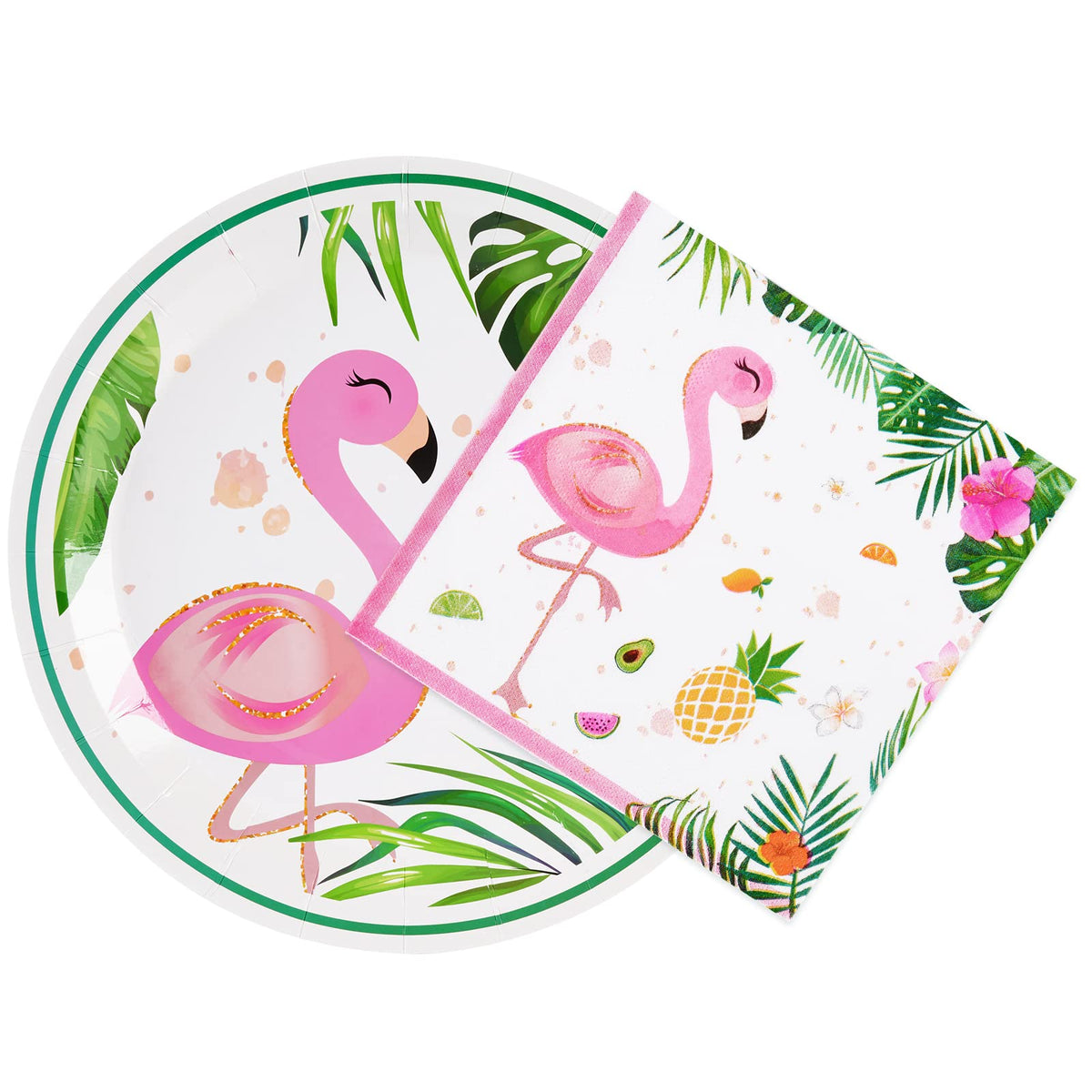 Wernnsai Flamingo Plates And Napkins Set - Serves 50 Guests 100 Pcs Hawaiian Luau Party Supplies Disposable Tableware Set Dinner