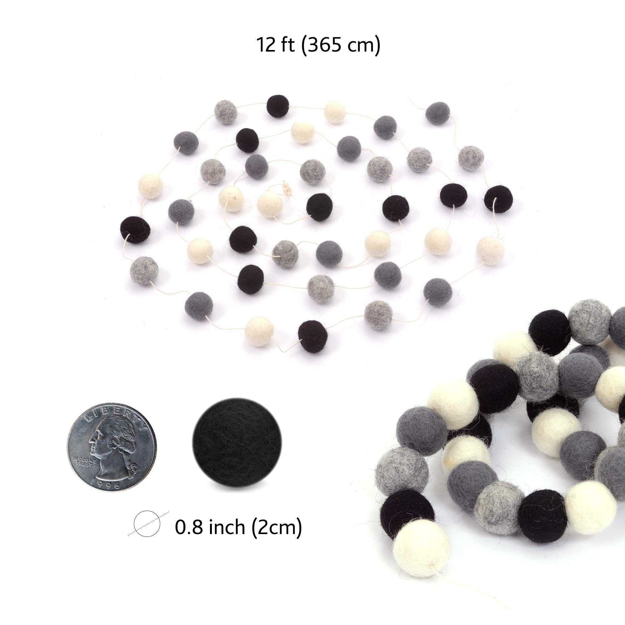 Glaciart One Pom Pom Garland - 9 Feet, 40 Balls, 4 Colors, Wool Felt Balls, Round Shape, Black