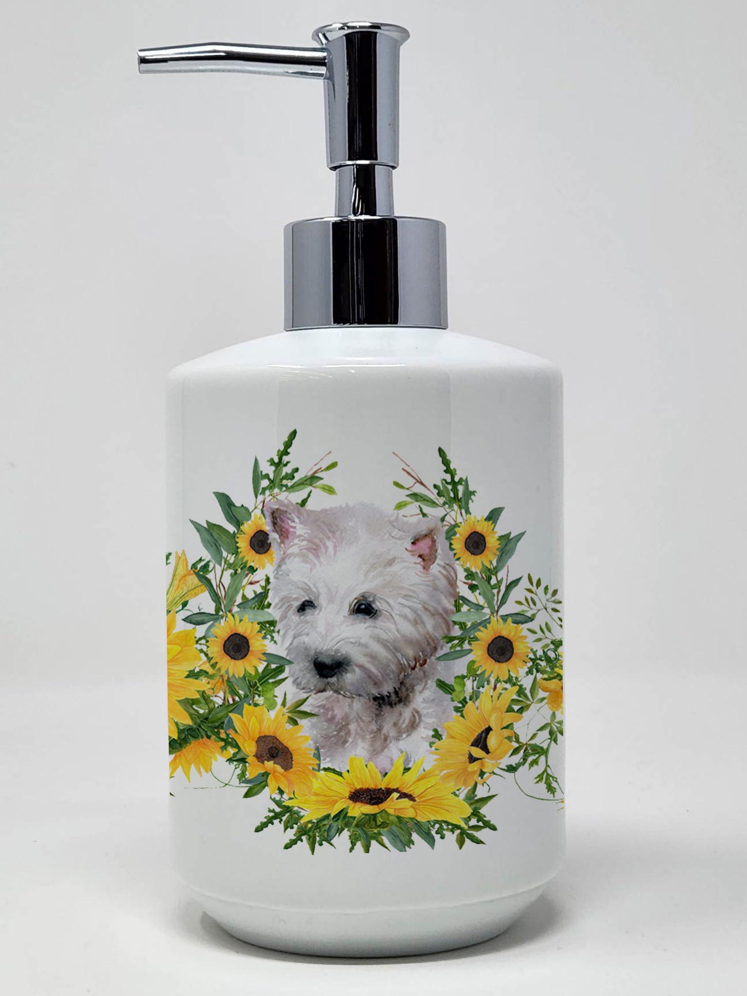 Caroline'S Treasures Ck2893Soap Westie In Sunflowers Ceramic Soap Dispenser Hand Soap Dispenser Pump Bottles For Bathroom Kitche