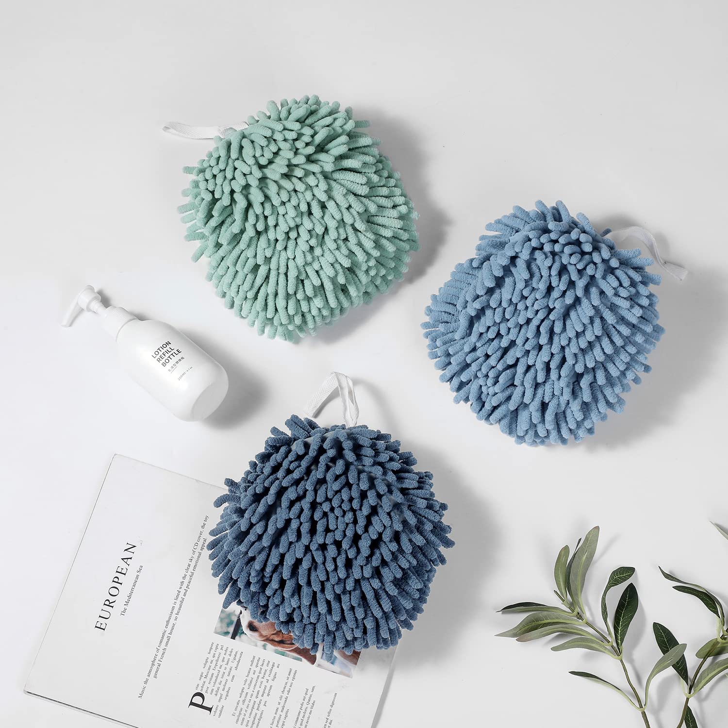 Nulubuu Soft Absorbent Chenille Ball Towel Sets, Quick Dry Hand, Towels For Bathroom/Kitchen Pack Of 3 (Mint Green+Light Blue+Bl