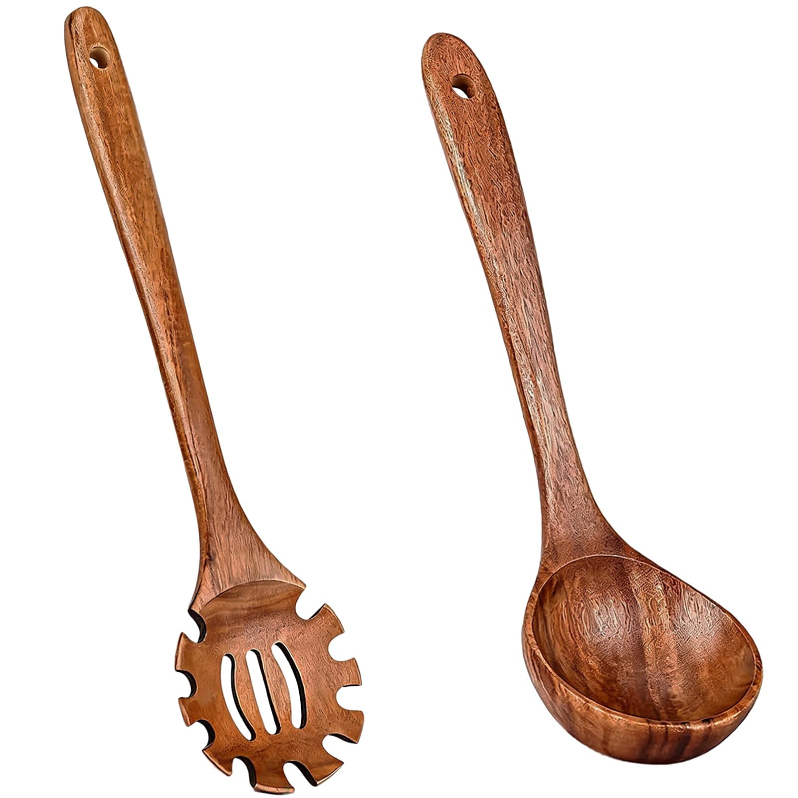 2 Pcs Acacia Wood Kitchen Utensil Set, Includes Wooden Soup Ladle 10.6 in, Wooden Pasta Spoon 12.6 in, Long Handle, Easy to Clea