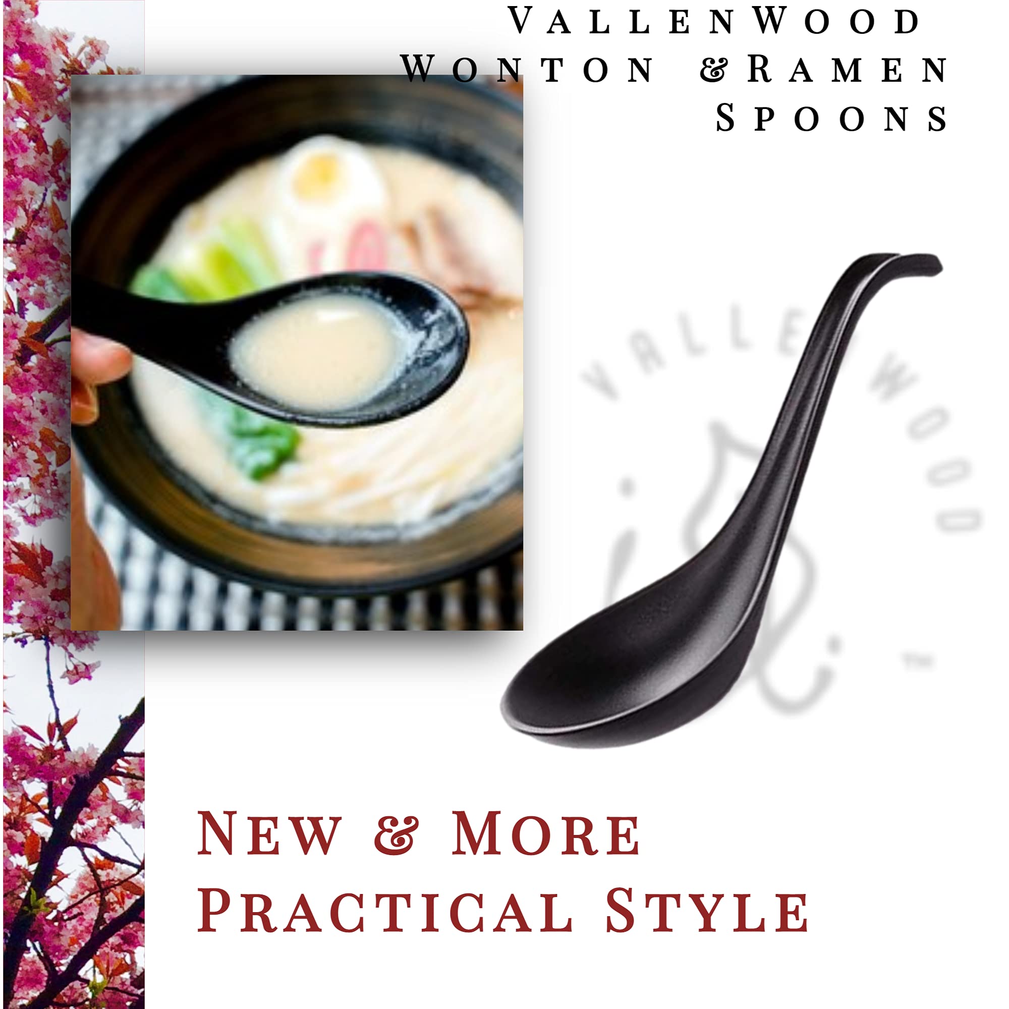 12 Pieces Ramen Set: 4 Black Spoons, 4 Chopsticks And 4 Stand Rest. Asian Soup Spoons. Unbreakable Melamine Made. Perfect For Ja