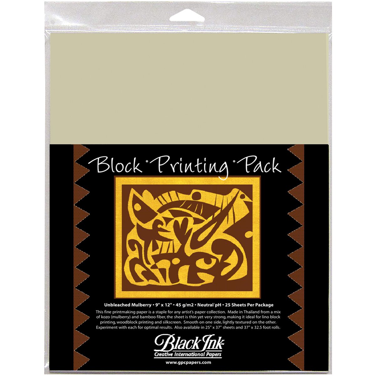 Black Ink 9-Inch By 12-Inch Unbleached Mulberry Block Printing Paper, 25-Pack