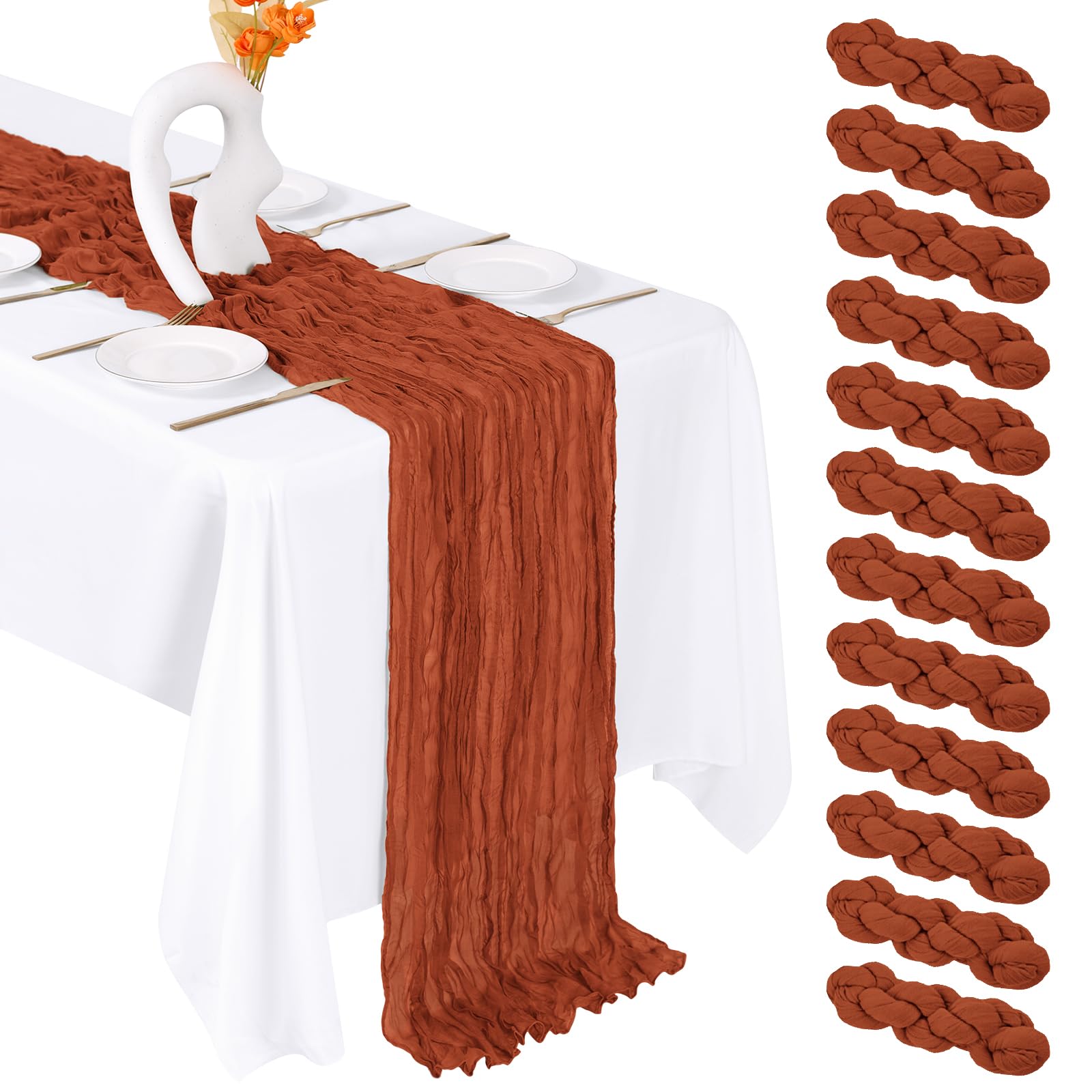 FANTEKE 12 Pack Terracotta Cheesecloth Table Runner 20 x 120 Inch Gauze Table Runner Fabric Semi Sheer Cheese Cloth Table Decor 