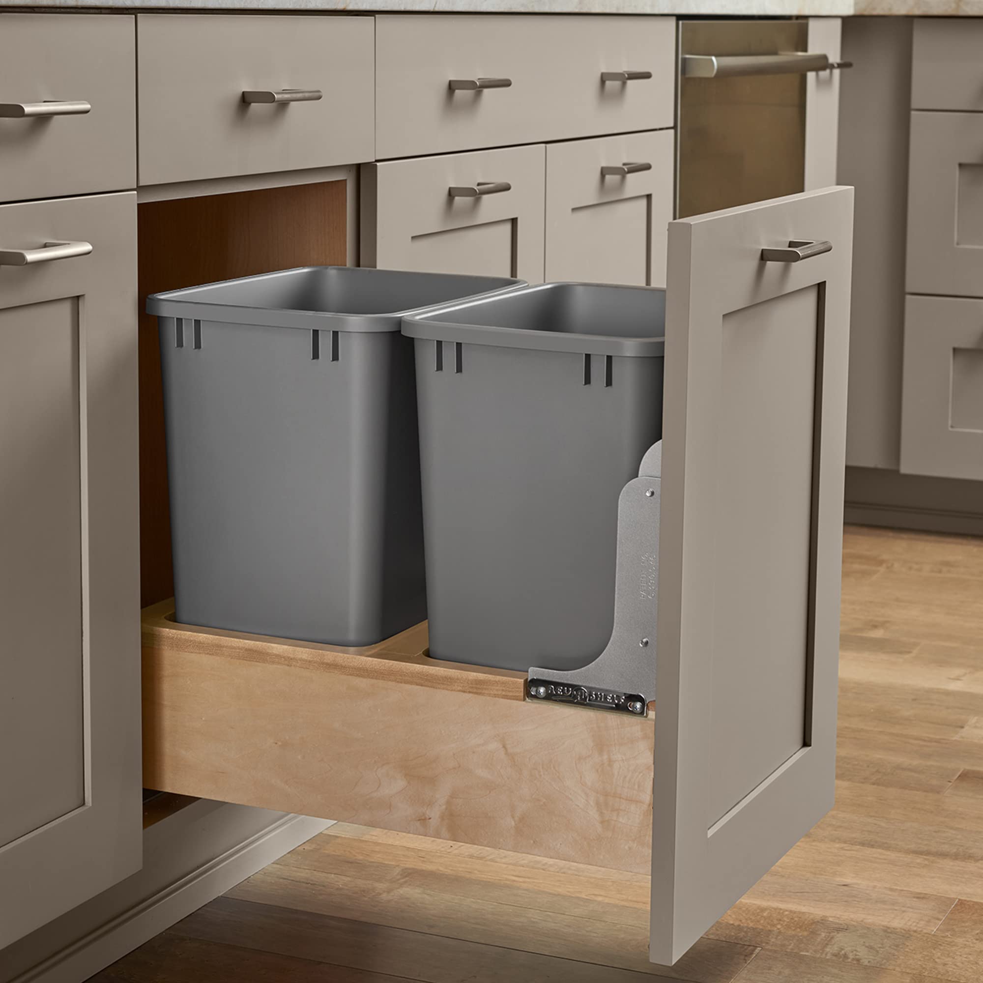 Rev-A-Shelf Double 35 Quart Pull Out Under Cabinet Trash Can With Soft Open & Close Slide System, Metallic Silver, Maple Wood Bo