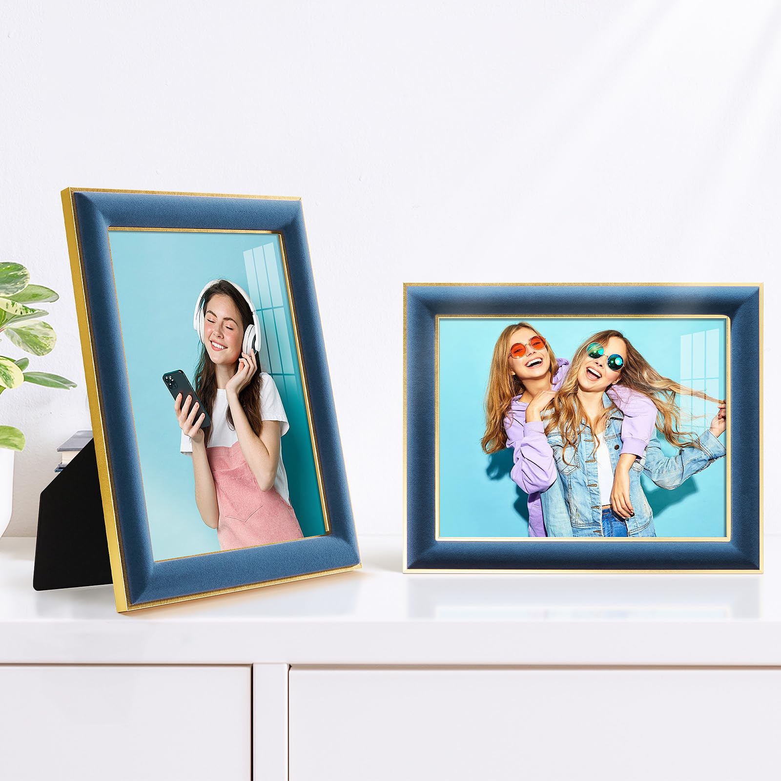 KSROECUD 8.5x11 Velvet Picture Frame with 2 Openings 5x7 Pictures, HD Real Glass Navy Blue Velvet Photo Frame with Black White B