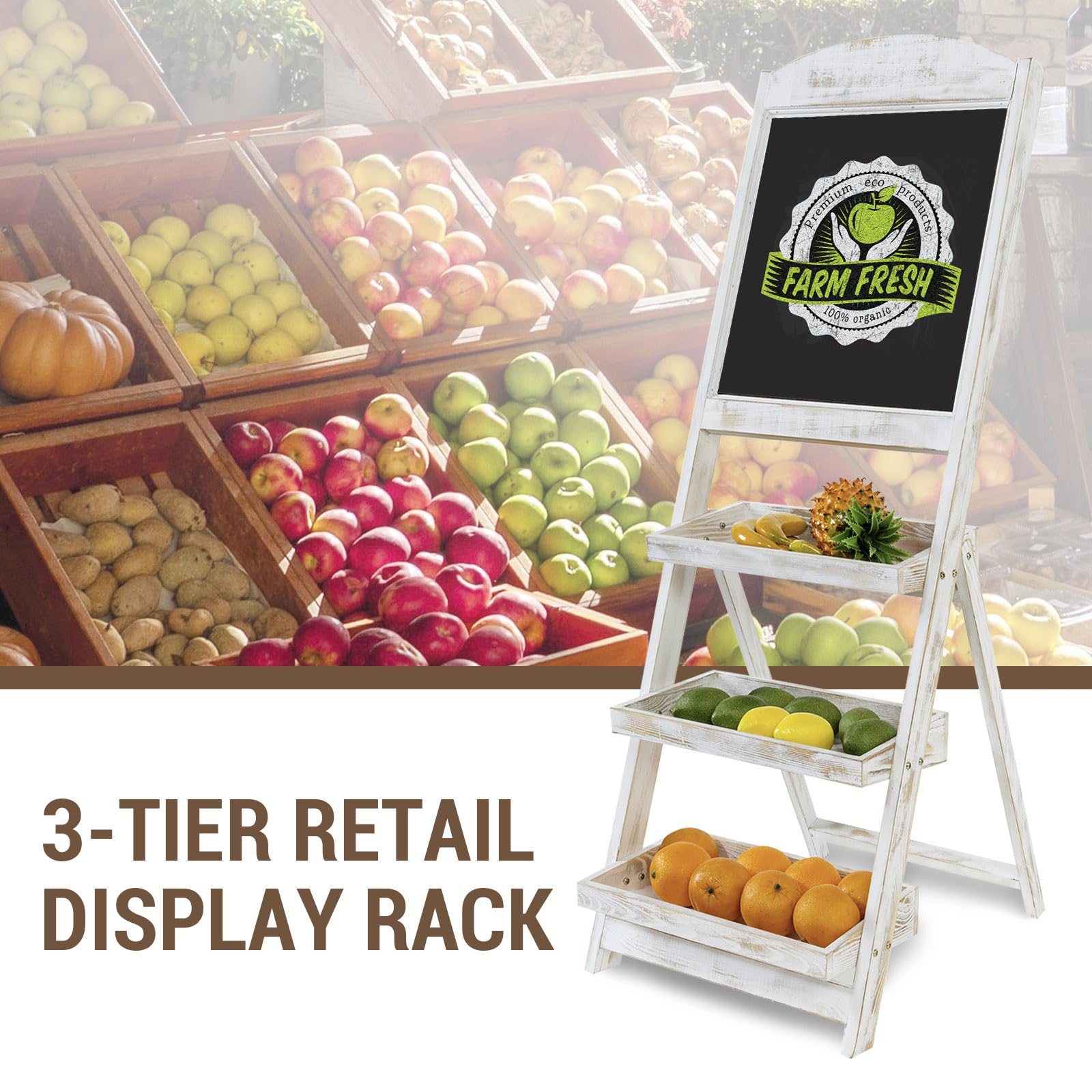 MyGift Shabby Whitewashed Wood Freestanding Chalkboard Easel with 3-Tiered Display Shelves, Decorative Chalkboard Plant Shelf St