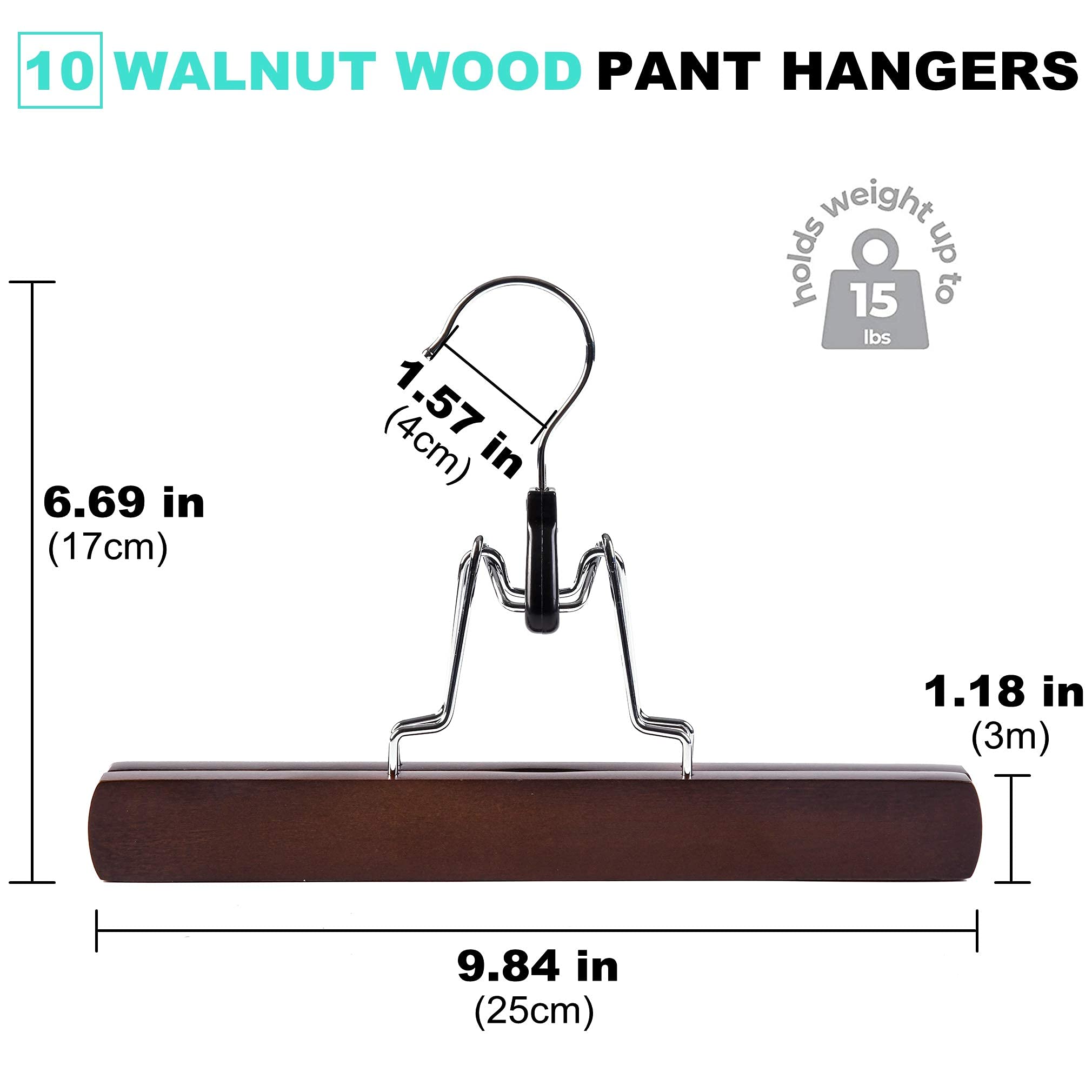 Amber Home 10 Pack Walnut Wooden Pants Hangers, Wood Clamp Hangers With Non Slip Padded Velvet, Jeans/Slacks Hangers Hair Extens
