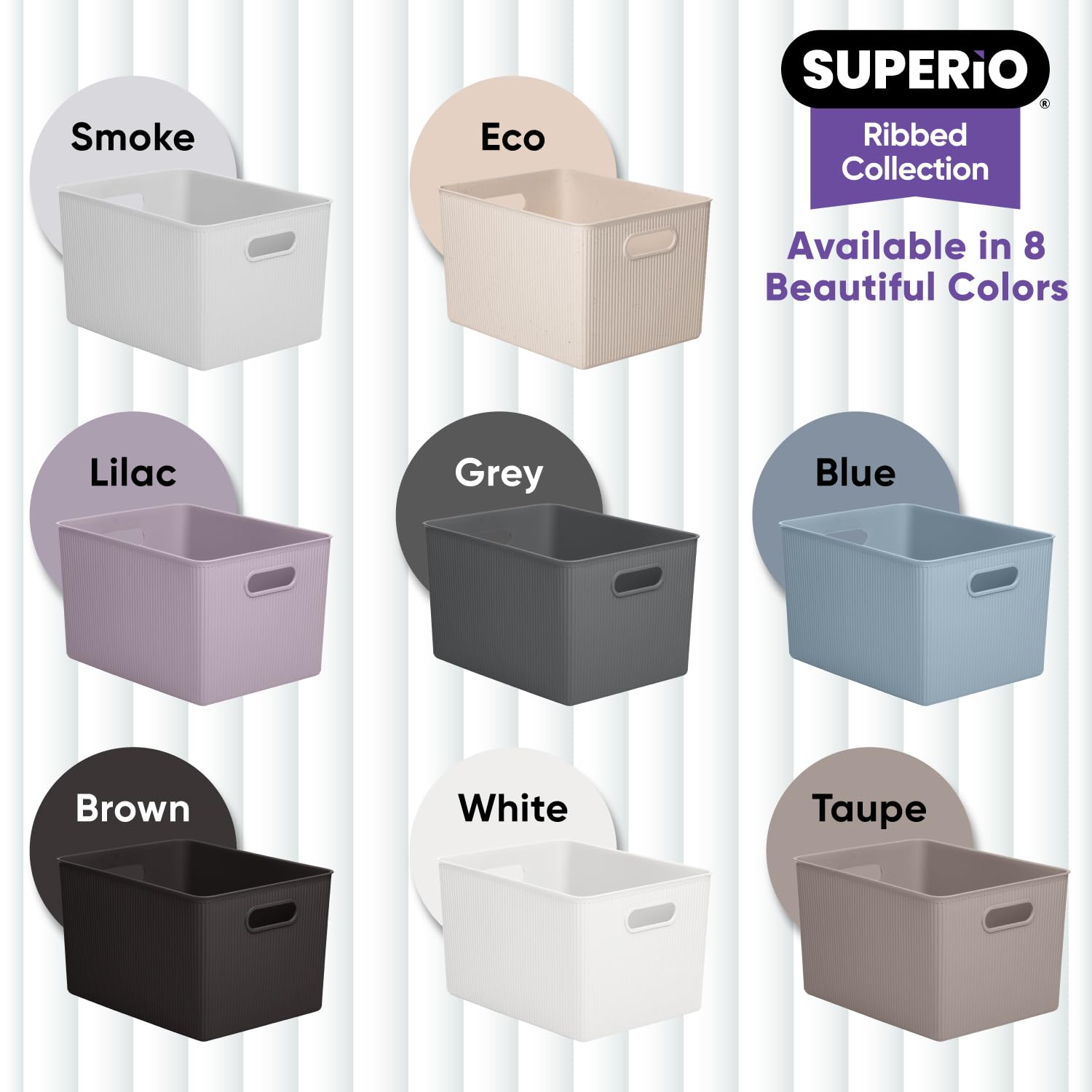 Superio Ribbed Collection - Decorative Plastic Open Home Storage Bins Organizer Baskets, X-Large Grey (1 Pack) Container Boxes F