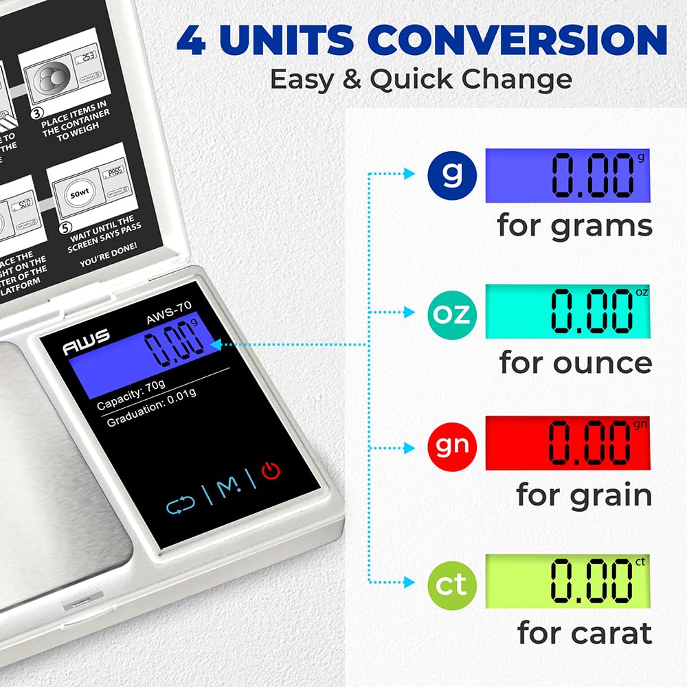 American Weigh Scales Digital Pocket Scale 70g x 0.01g with LCD Display Gram, Ounce, Carat, Grain, High Precision 0.01 g Accurac