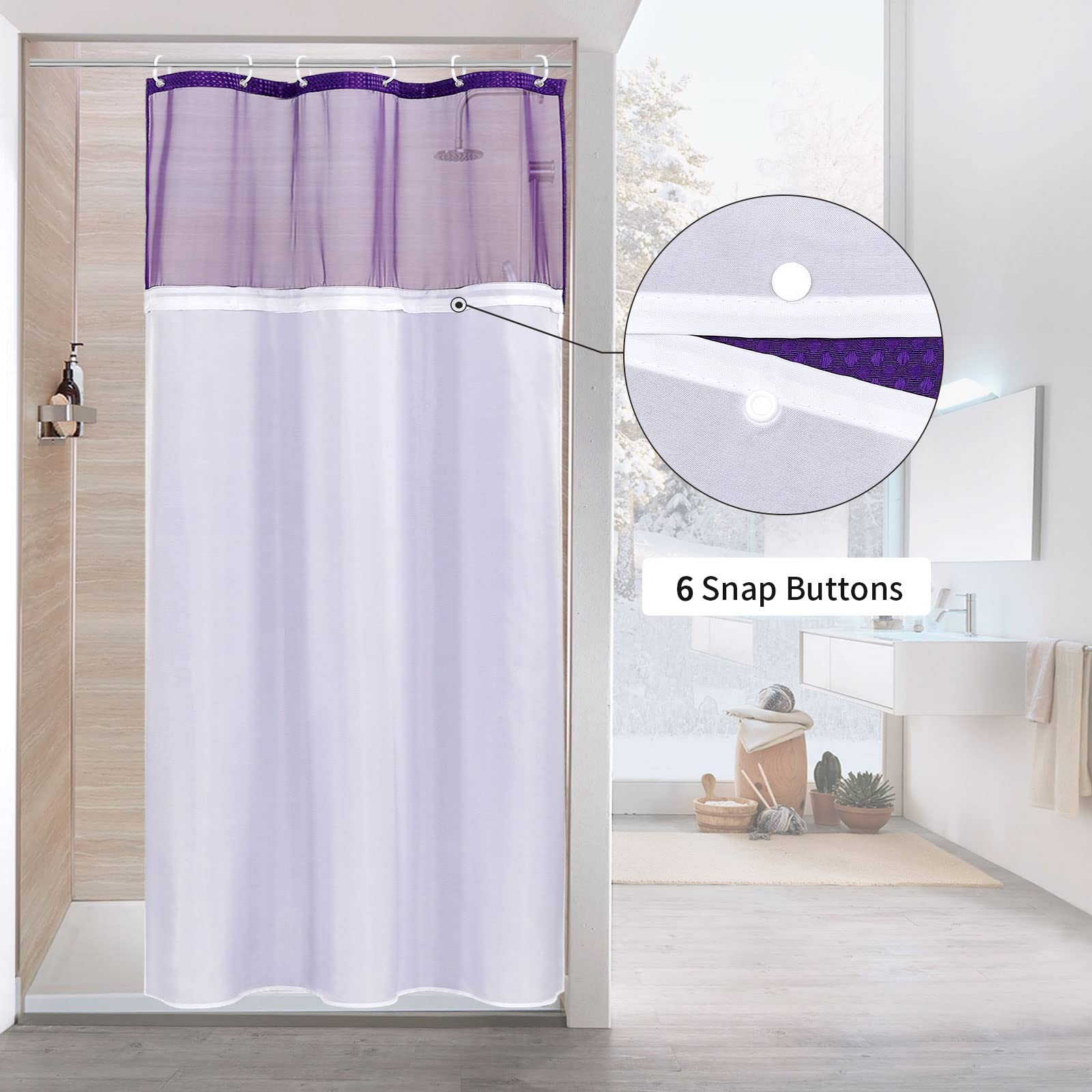 MitoVilla Small Stall Shower Curtain 36 x 72  Half Size Narrow Purple Waffle Fabric Shower Curtain Set with Water-Repellent Snap-in Liner for Modern Neutral Hotel Bathroom Decor  Lavender