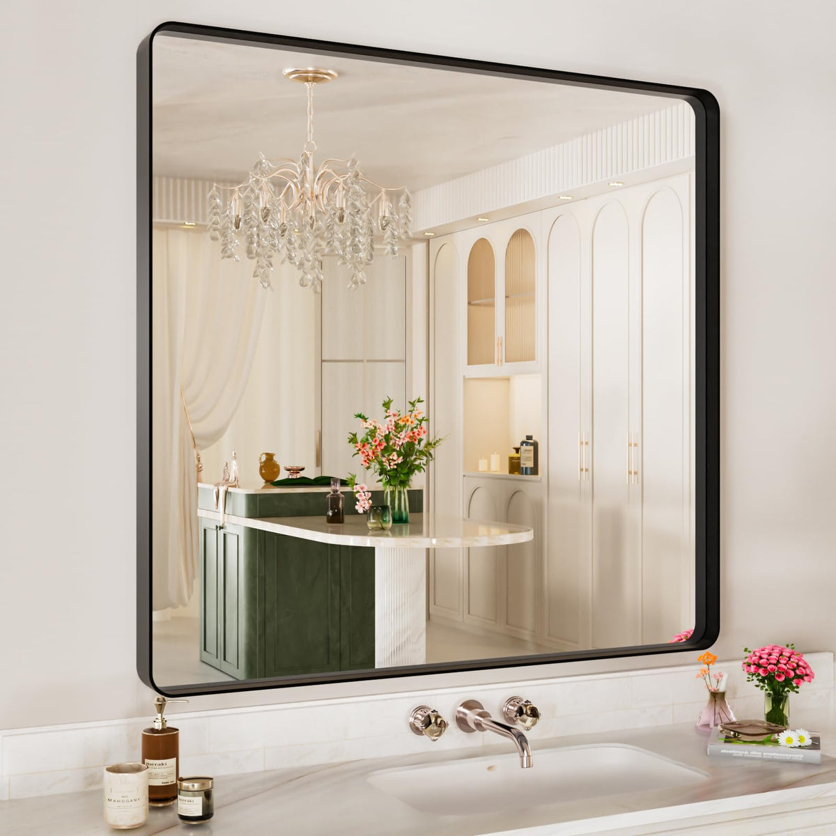 Istripmf Black Metal Framed Bathroom Mirror For Wall,40X38 Rounded Rectangle Mirror, Matte Black Bathroom Vanity Mirror Farmhous
