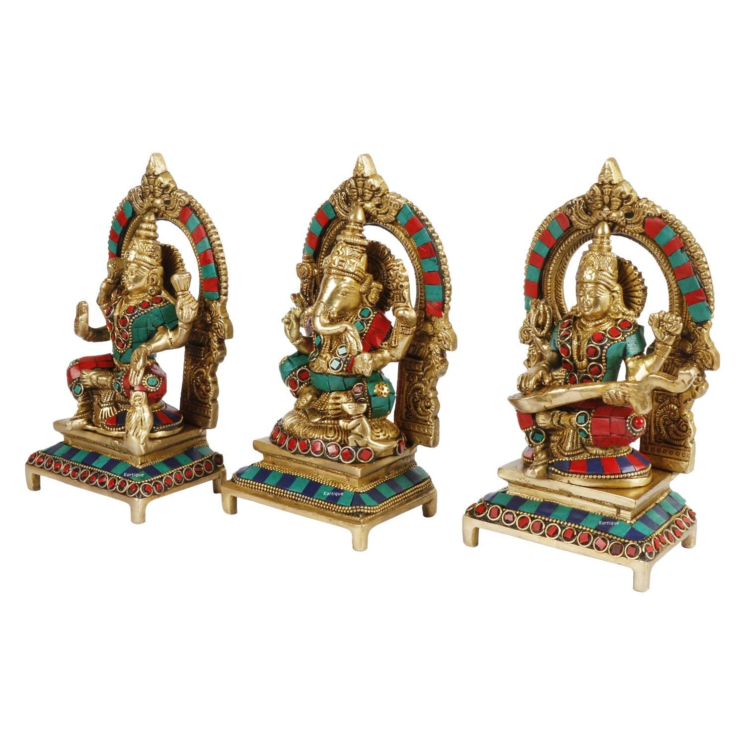 Kartique Brass Laxmi Ganesh Saraswati Bhagwan Idol Ganpati Murti Metal Statue With Frame For Home Office Success Entrance Decor