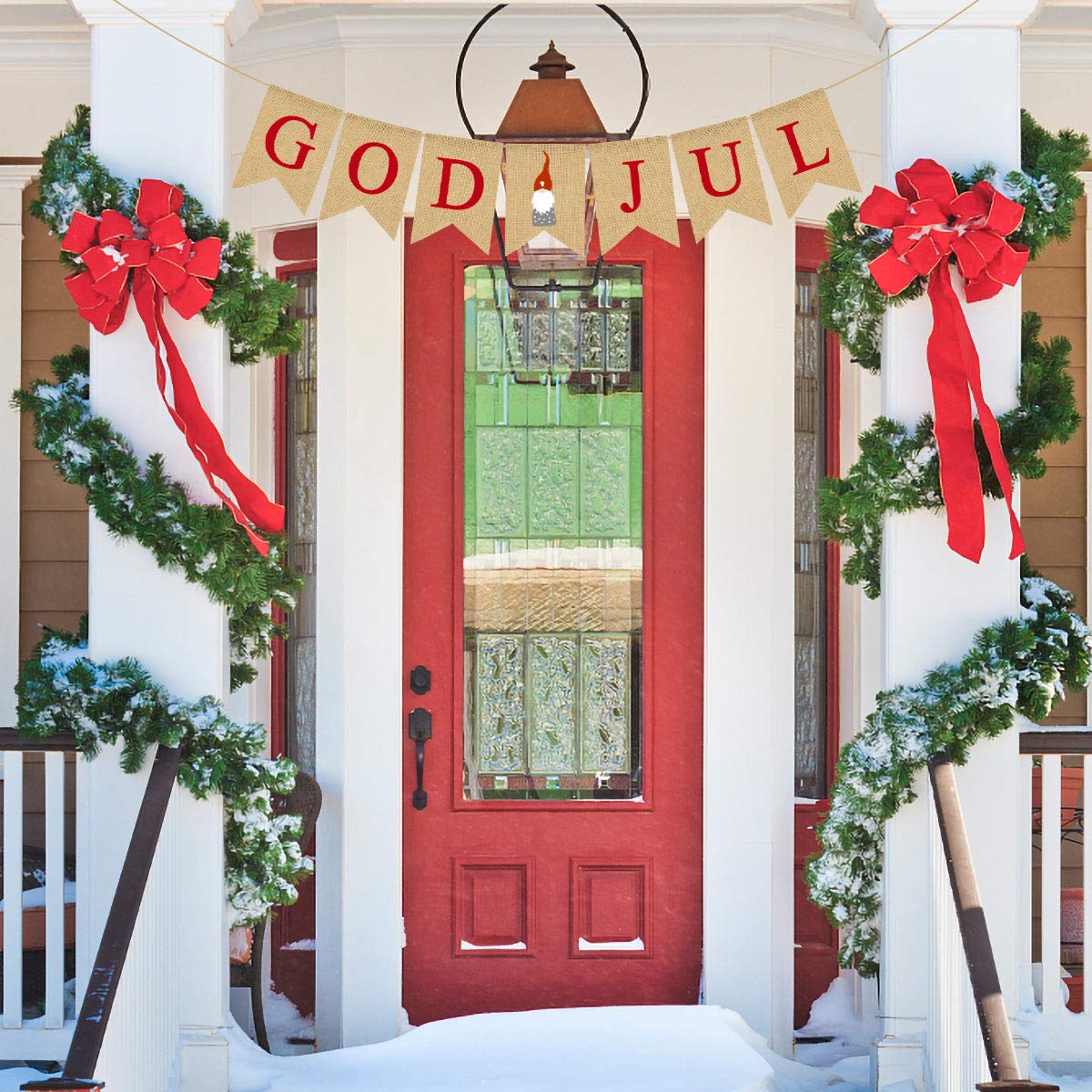 Burlap God Jul Banner Tomte Christmas Gnome Swedish Nordic Scandinavian Rustic Winter Farmhouse Fireplace Mantle Decoration