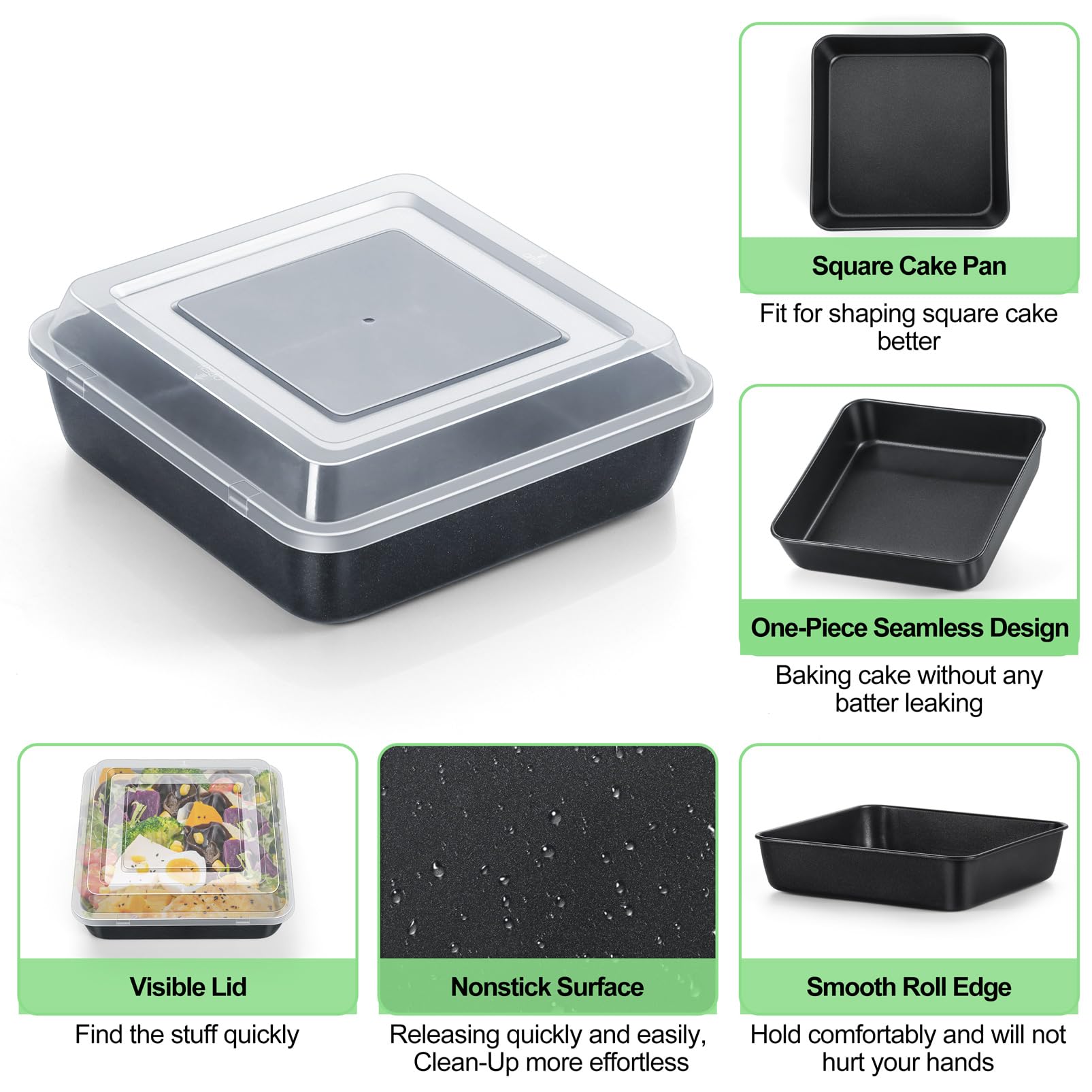 Teamfar 9 Inch Square Cake Pan With Lid, Non-Stick Square Baking Roasting Pan, With Stainless Steel Core For Cooking Cake Browni