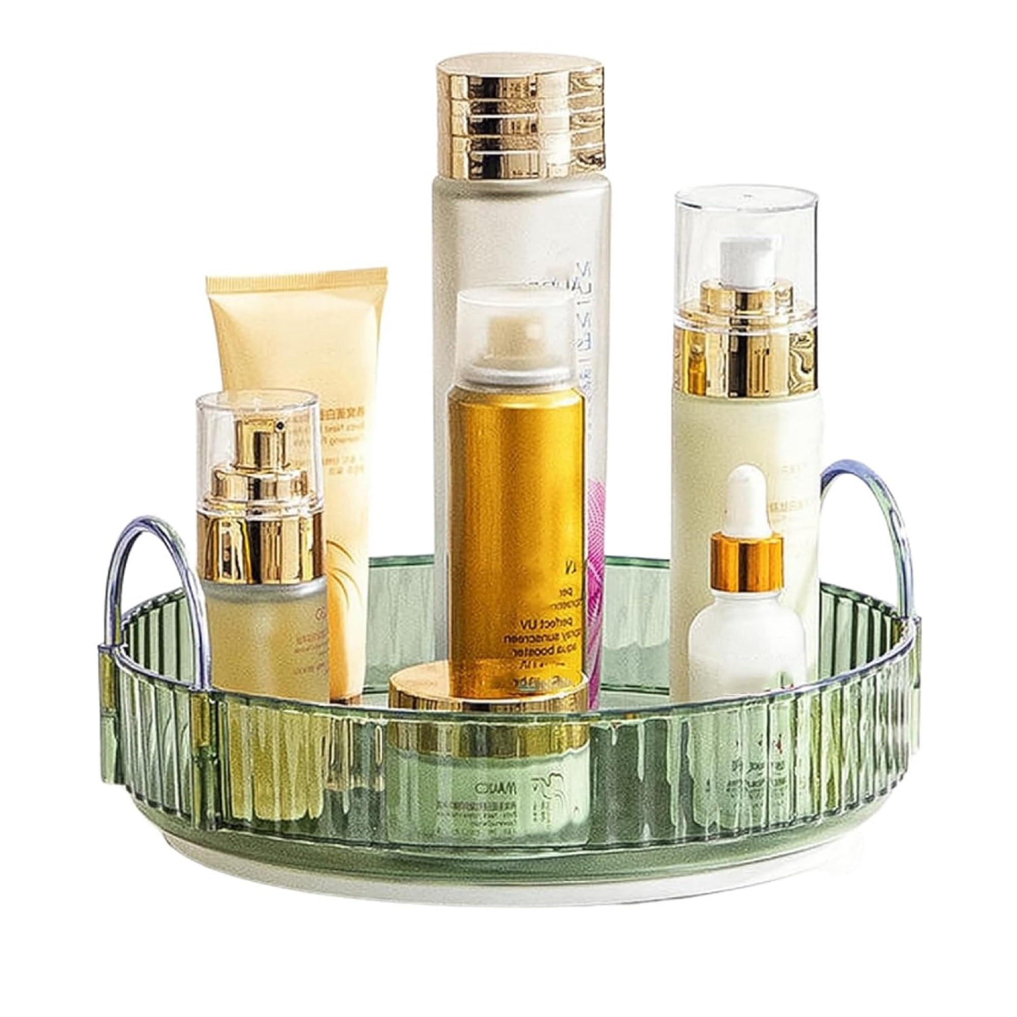 Oniswell Round Cosmetic Organizer Tray With Metal Handles (Green, 1 Layer) | Vanity Storage Tray For Makeup, Skincare, Perfumes,