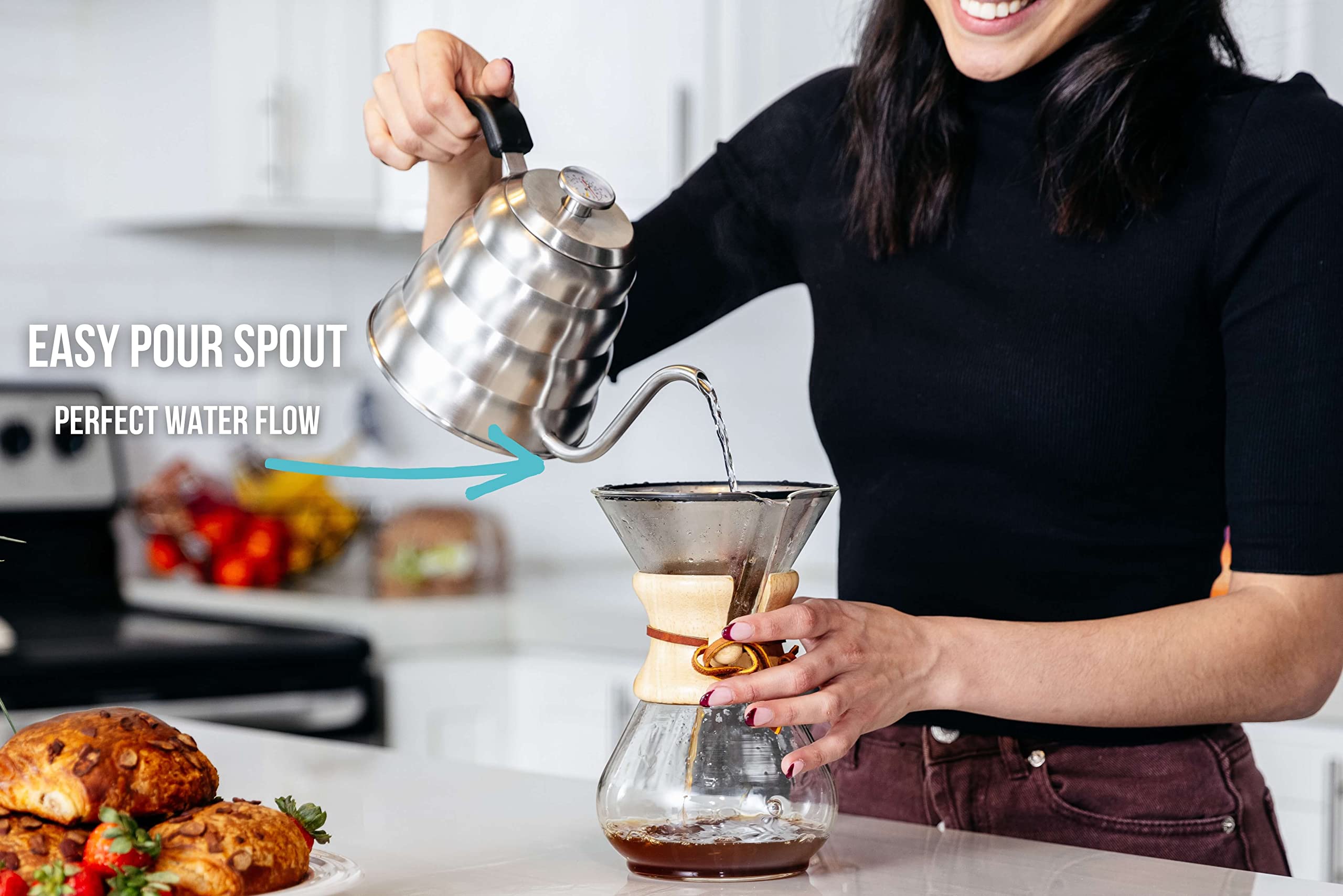 Barista Warrior Gooseneck Kettle For Pour Over Coffee And Tea With Thermometer For Exact Temperature, Precision Pour Drip Spout,